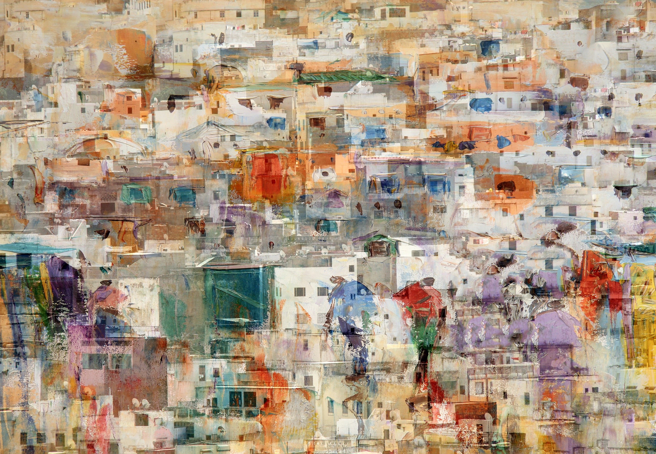 Abstract painting of a dense city with colorful buildings HD Wallpaper