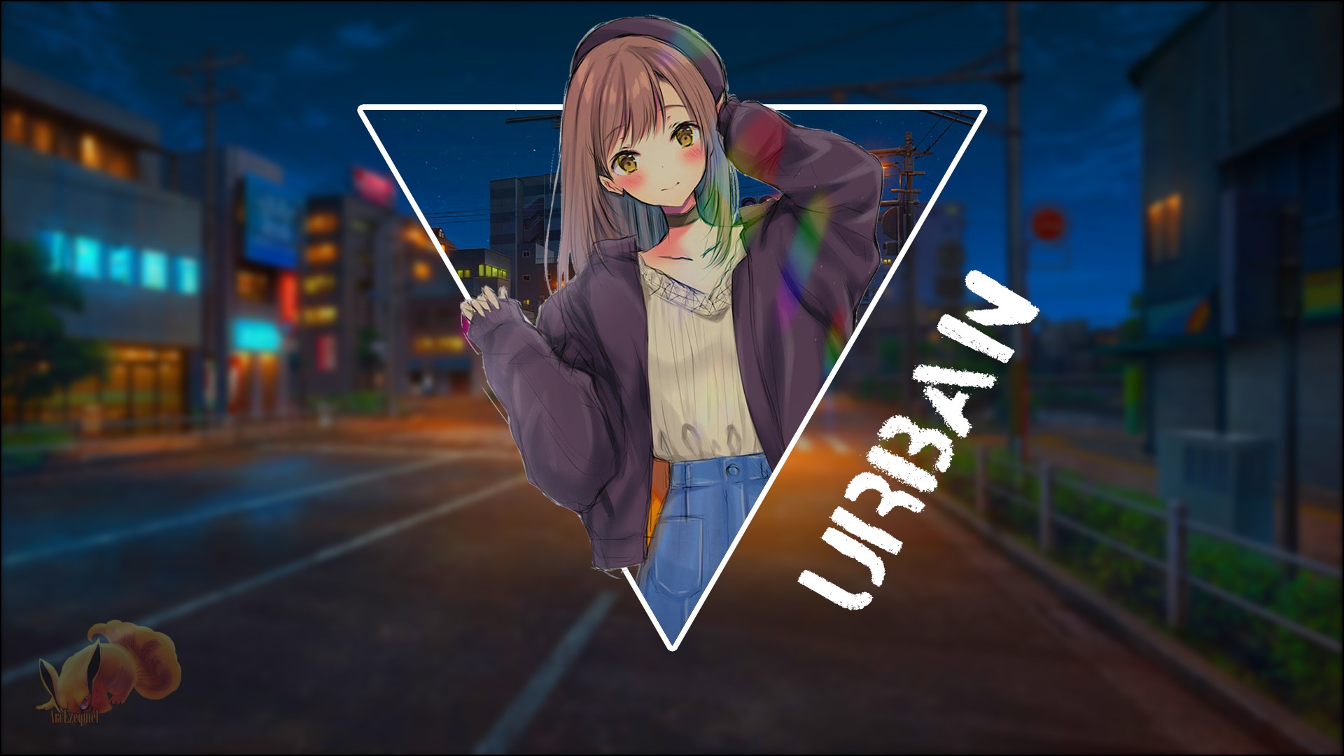 Anime girl in urban setting with "URBAN" text HD Wallpaper