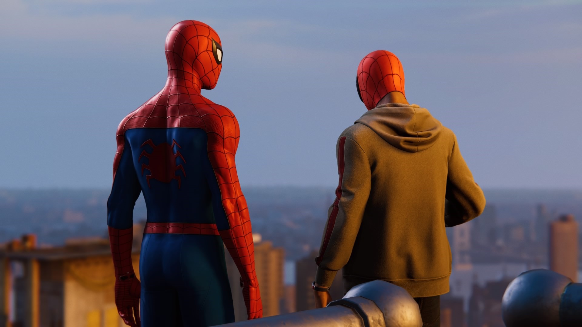 Spider-Man and Miles Morales on a rooftop HD Wallpaper