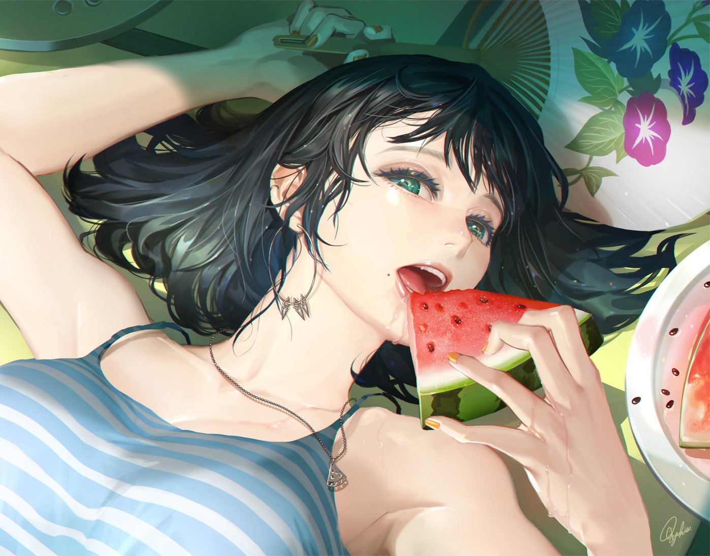 Anime girl eating watermelon HD Wallpaper
