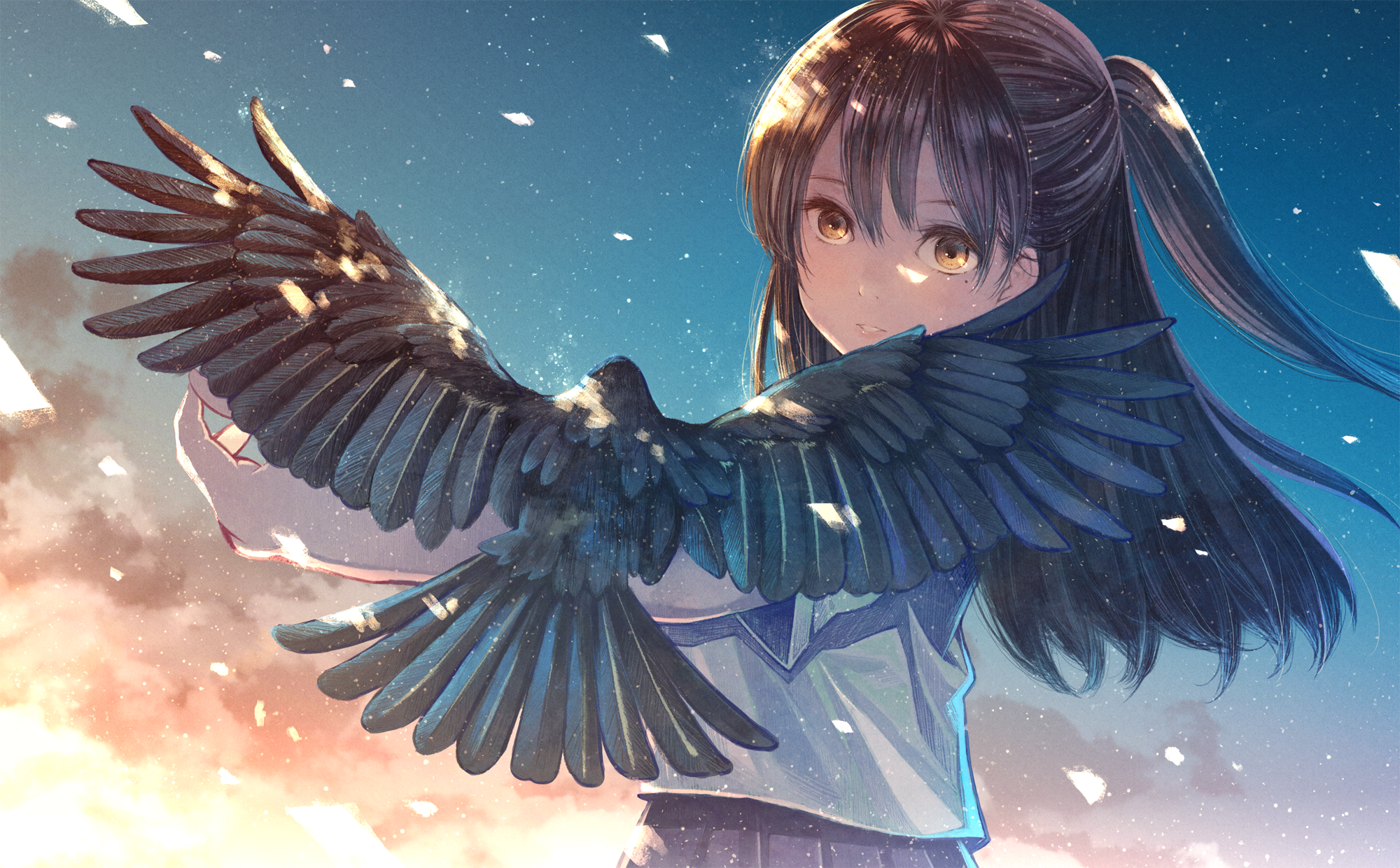 Girl holding a crow with wings spread HD Wallpaper