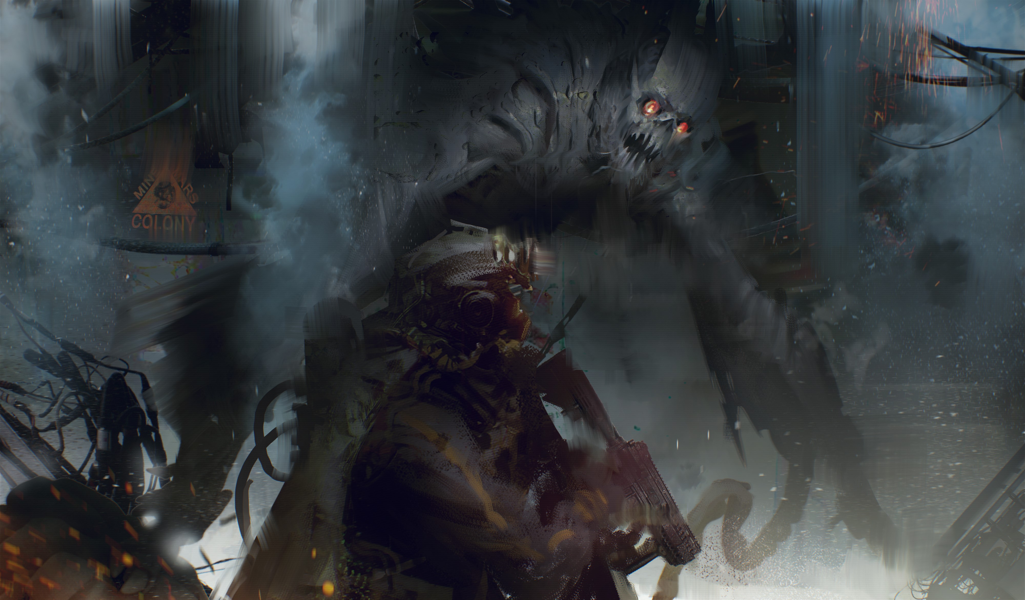 Soldier facing a monster in a destroyed colony HD Wallpaper