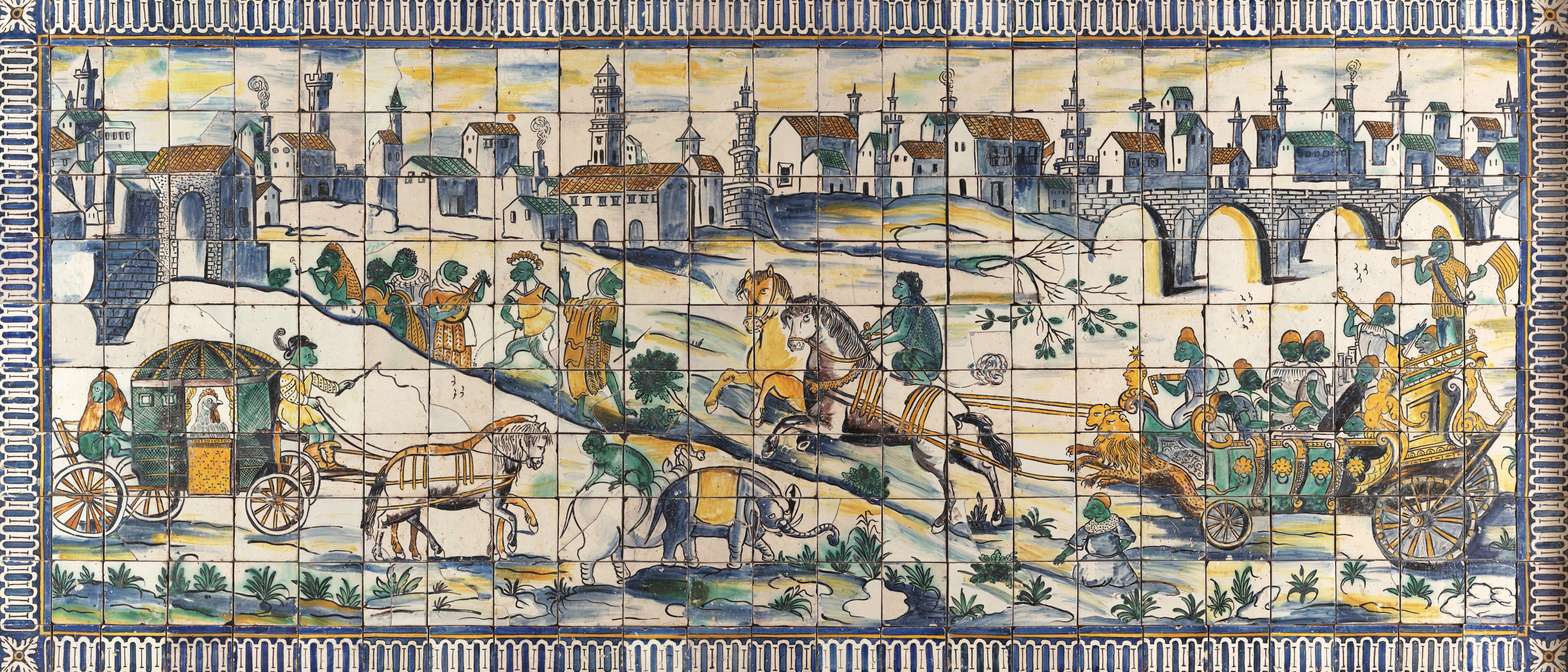 Tile mosaic depicting a procession with carriages and elephants HD Wallpaper