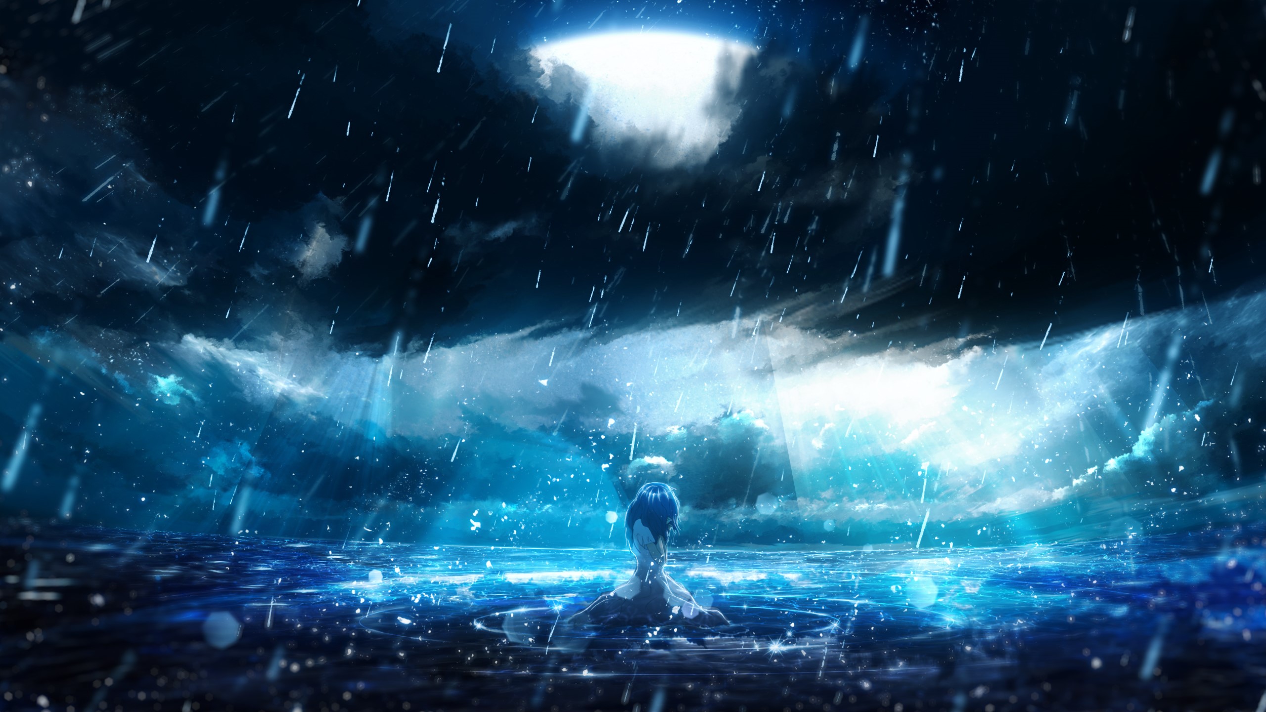 Anime girl sitting in the rain on the water HD Wallpaper