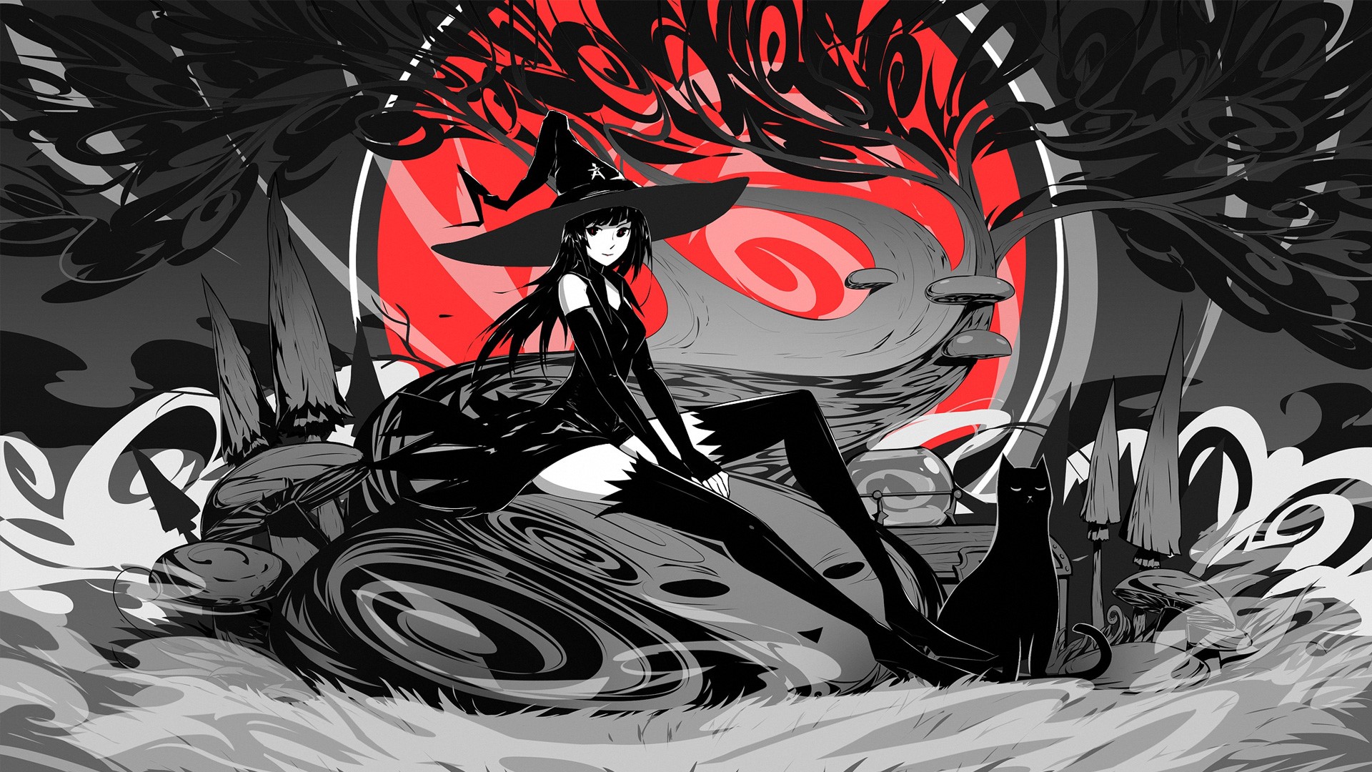 Anime witch with black cat and red moon HD Wallpaper