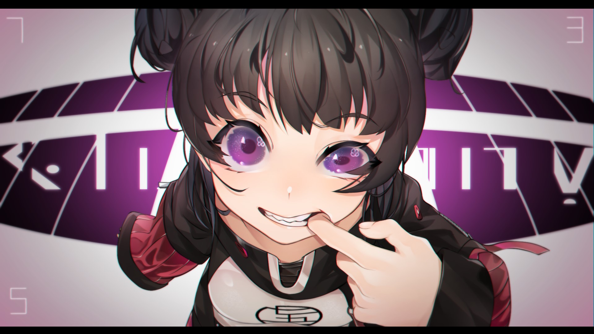 Anime girl with violet eyes and black hair buns HD Wallpaper