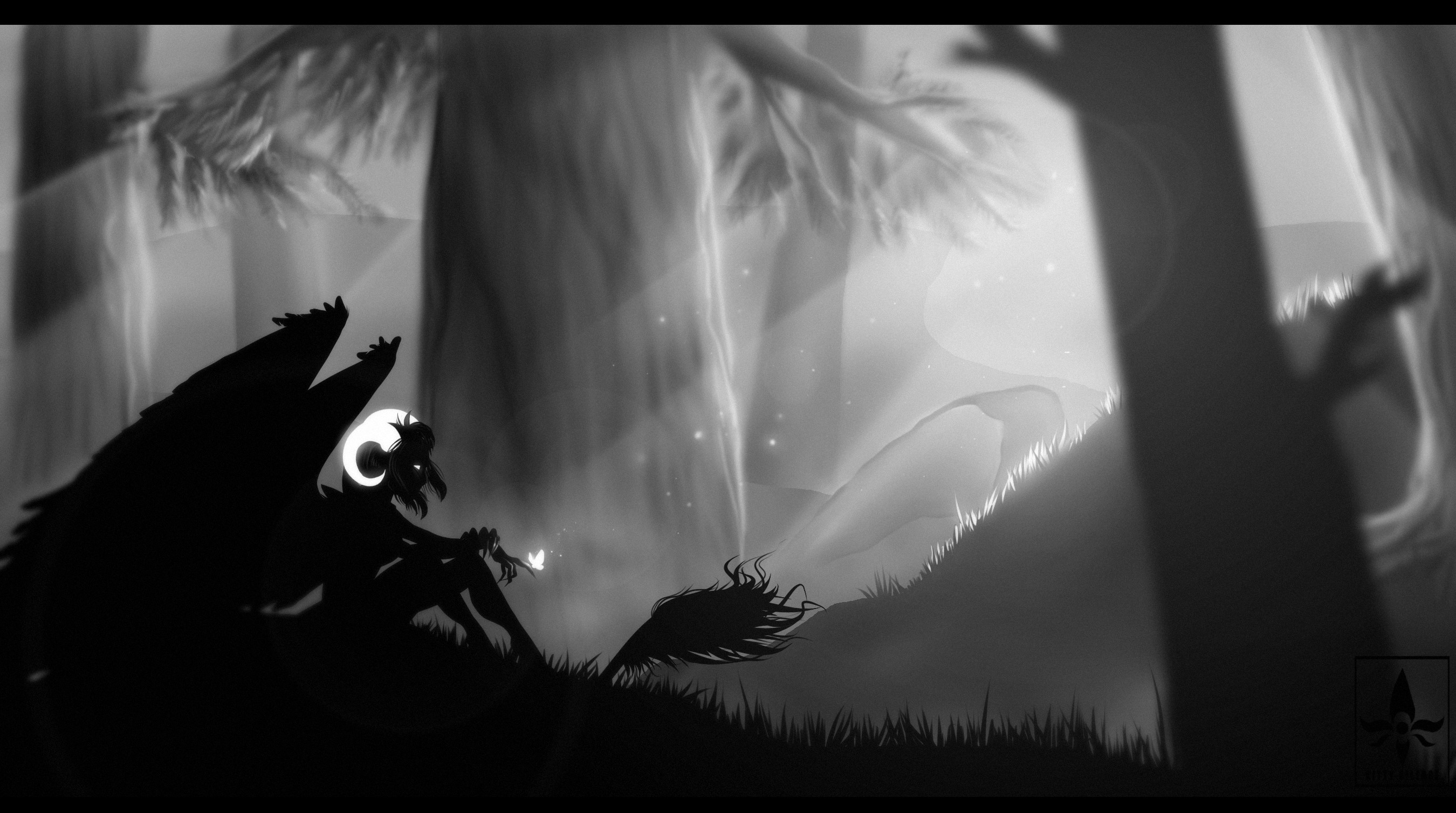 Monochrome creature with wings and horns in a forest HD Wallpaper