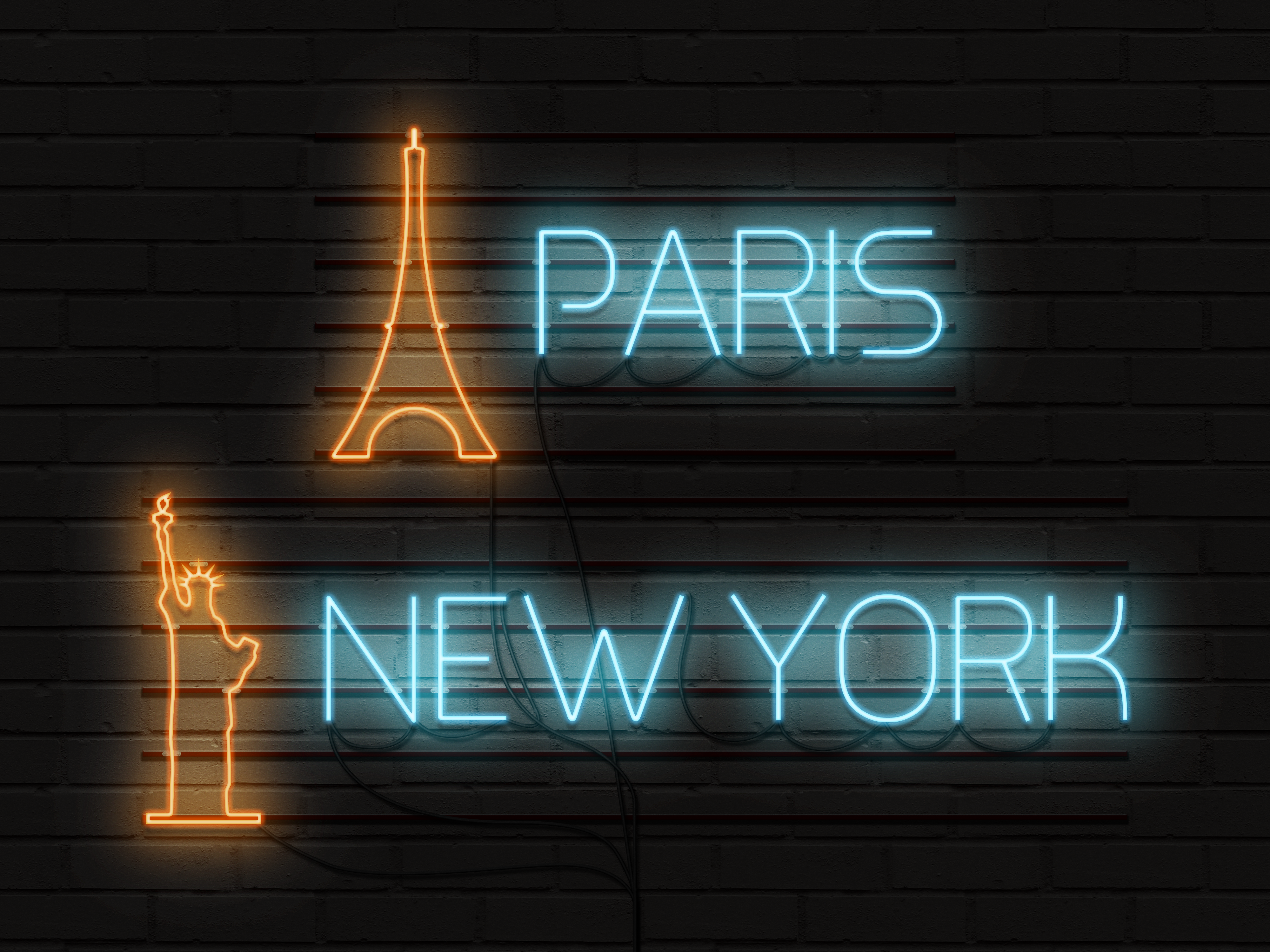 Neon signs of Paris and New York on a brick wall HD Wallpaper