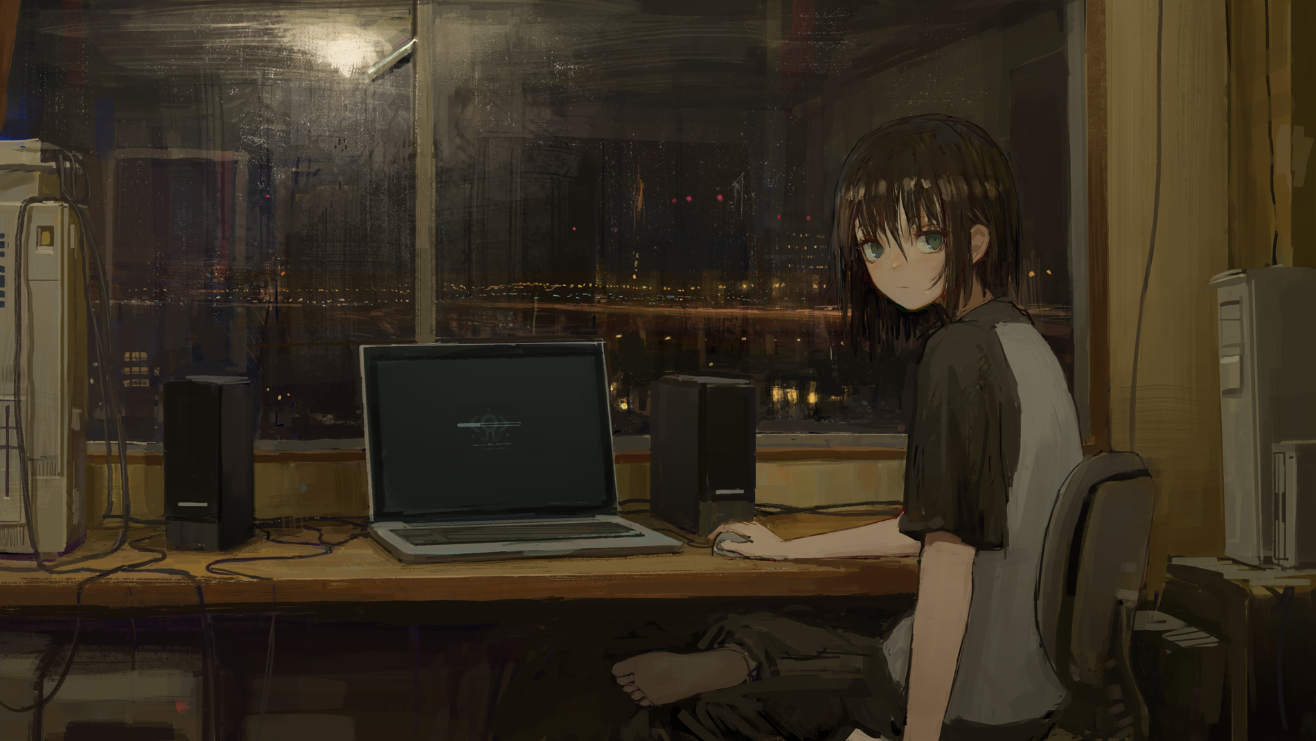 Lain Iwakura from Serial Experiments Lain with laptop at night HD Wallpaper