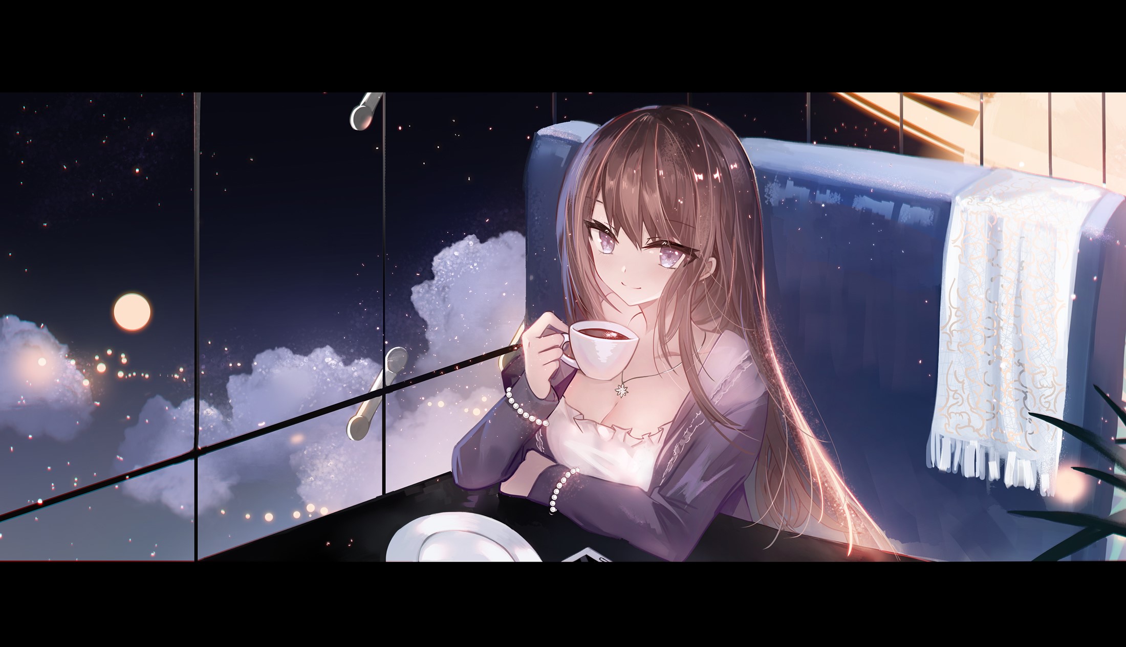 Anime girl with violet eyes drinking coffee at night HD Wallpaper