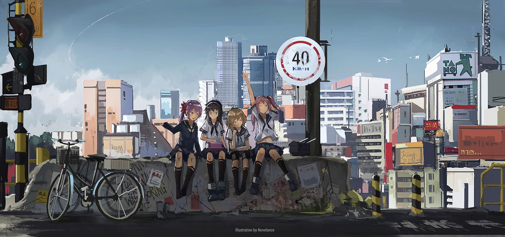 Anime girls in school uniforms sitting on a wall in a city HD Wallpaper