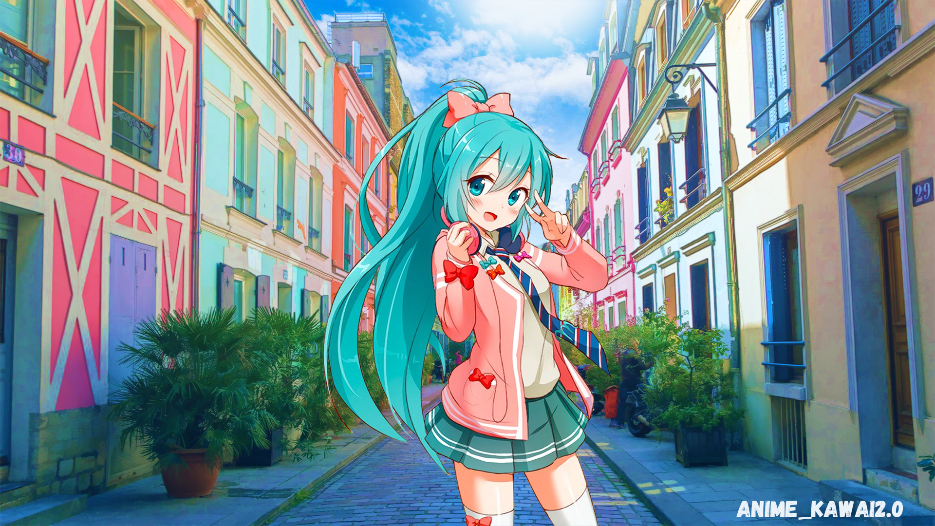 Hatsune Miku from Vocaloid in a colorful street HD Wallpaper