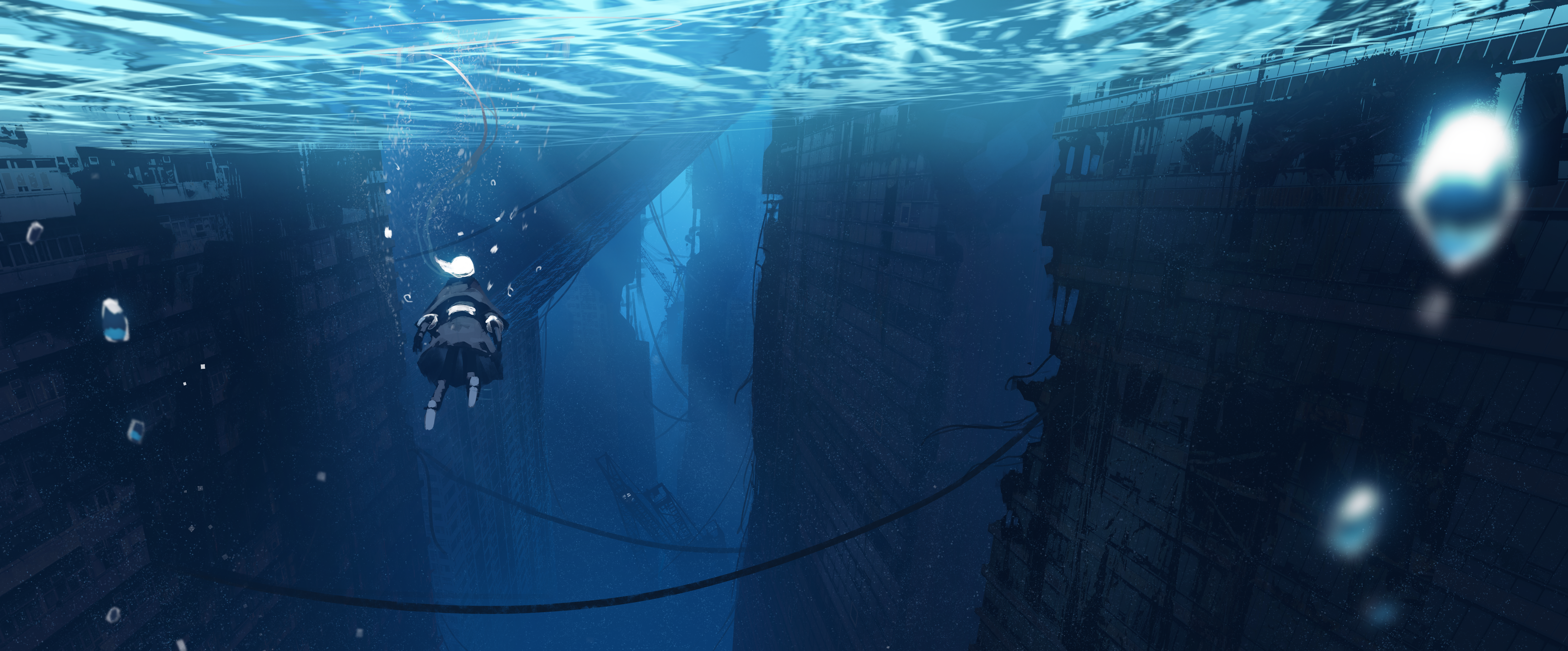 Anime girl underwater in sunken city HD Wallpaper