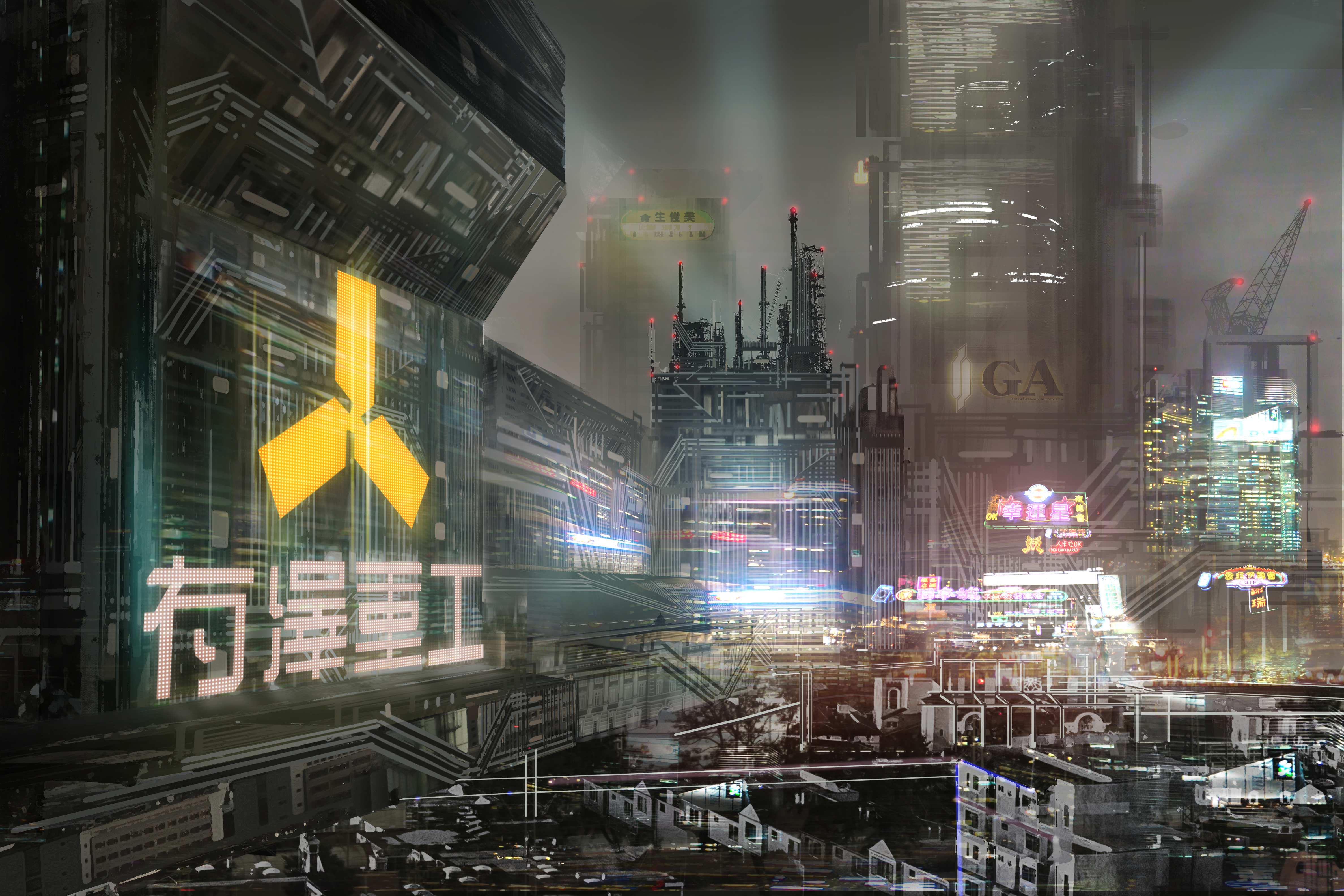 Cyberpunk city with neon lights and industrial buildings HD Wallpaper