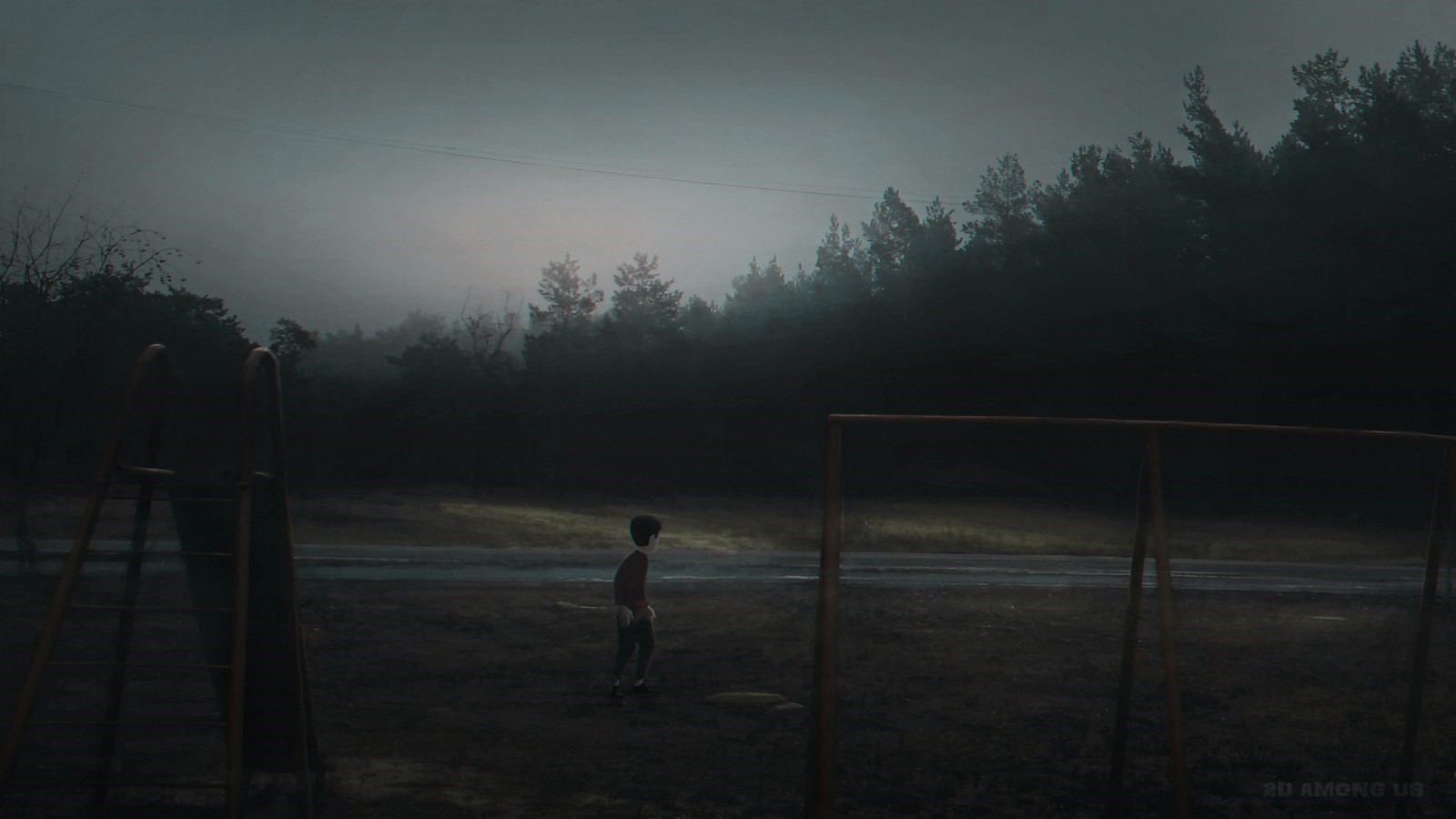Creepy misty playground with a lone child HD Wallpaper
