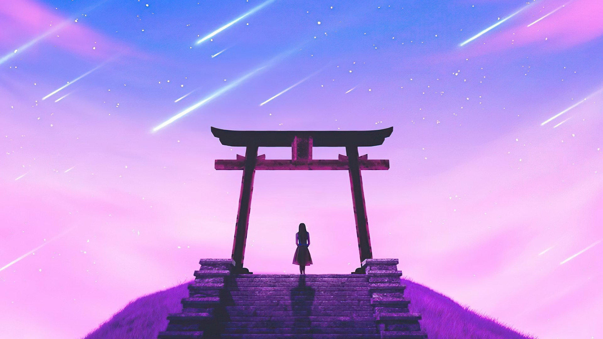Girl standing at a Torii gate under shooting stars HD Wallpaper