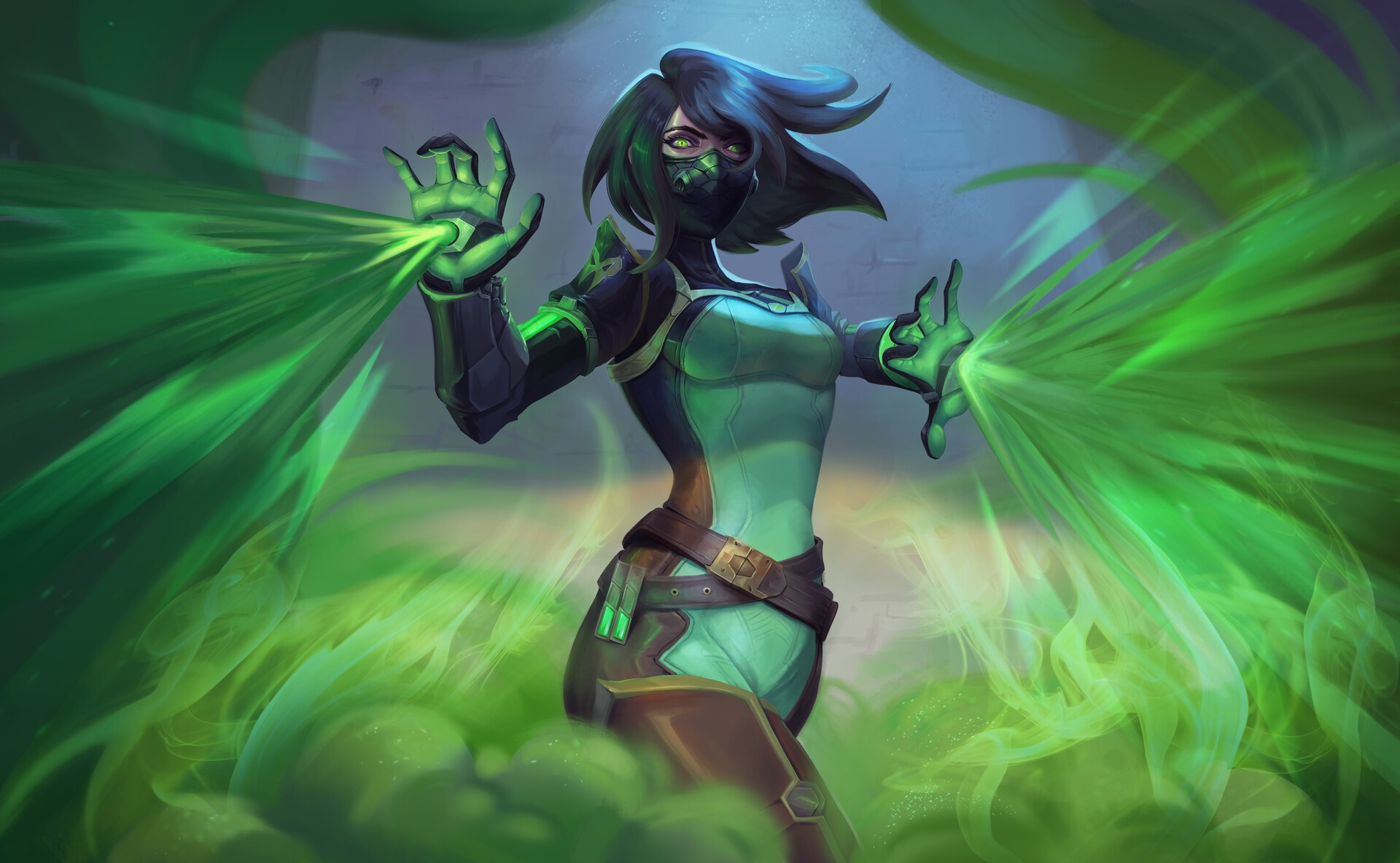 Woman in green suit with mask releasing green gas HD Wallpaper