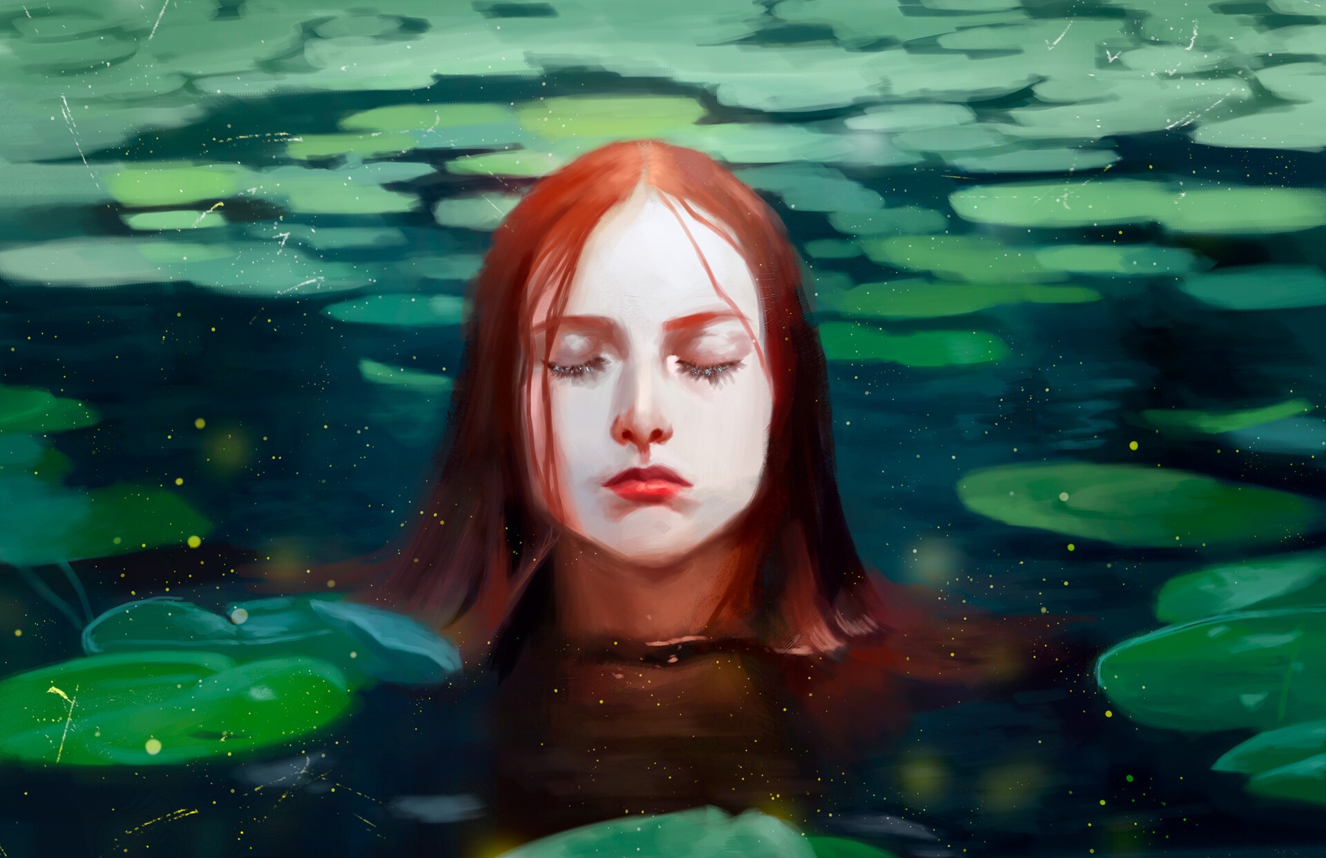 Redhead woman with closed eyes in a lake with lily pads HD Wallpaper
