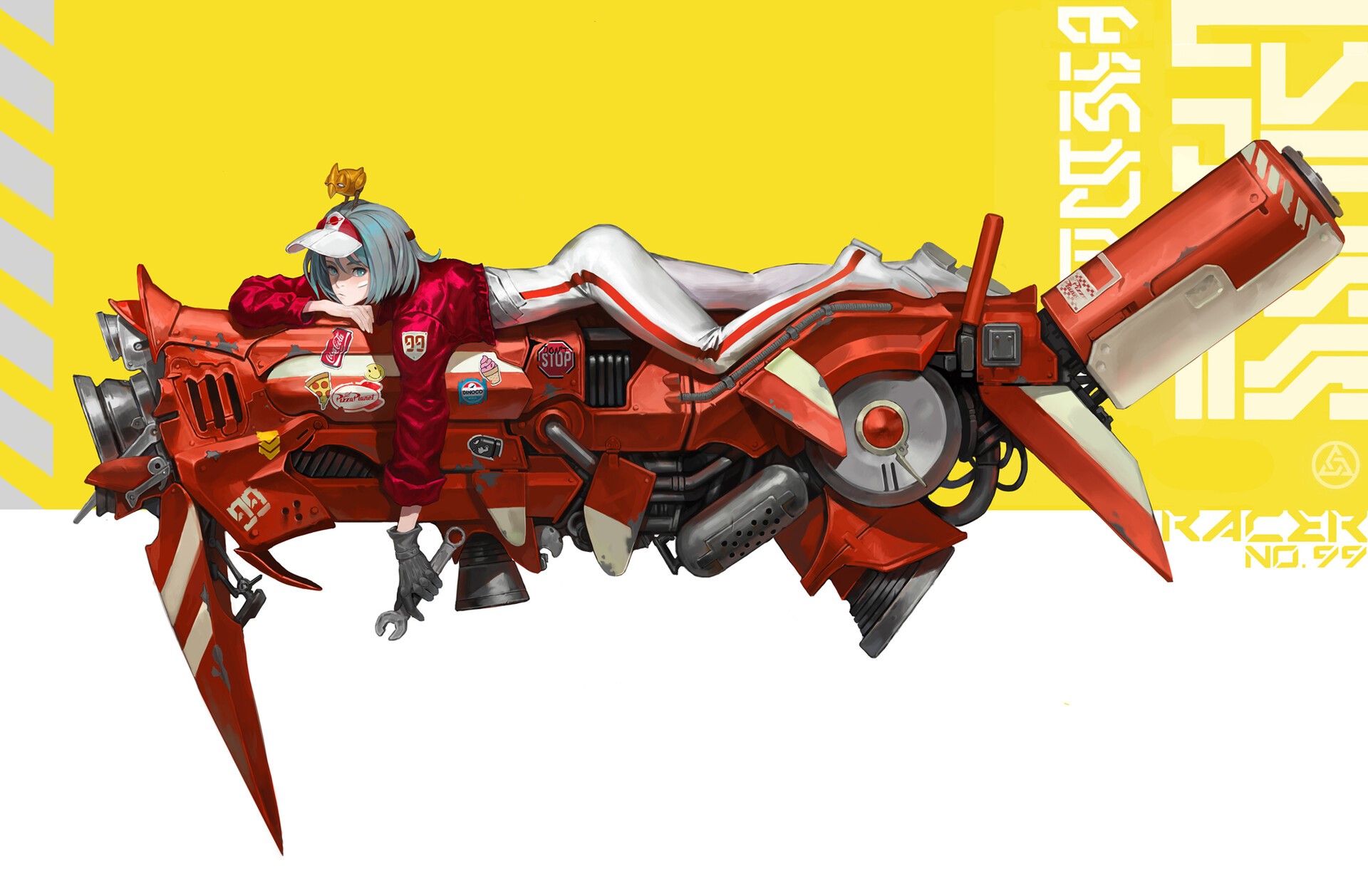 Anime girl with blue hair on a red sci-fi vehicle HD Wallpaper