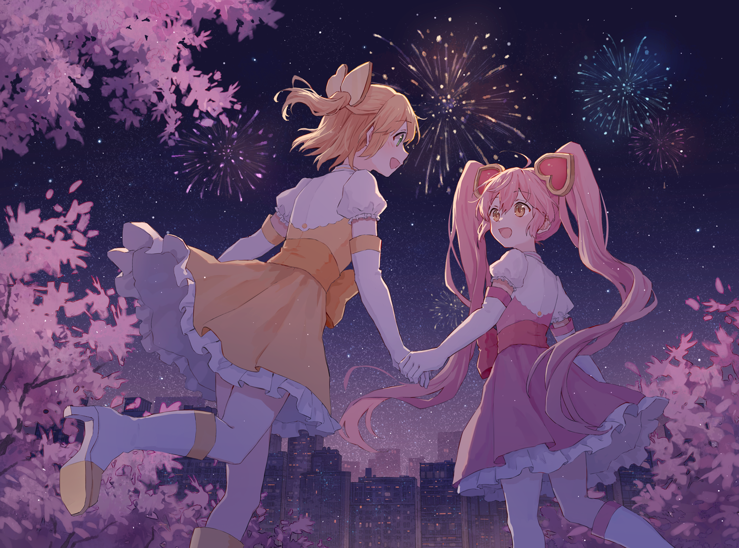 Two anime girls holding hands watching fireworks HD Wallpaper