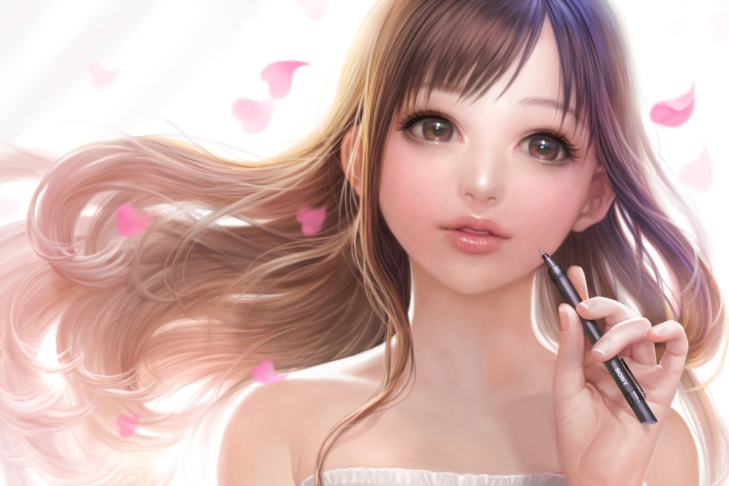 Digital art of a girl with long hair holding a pen HD Wallpaper