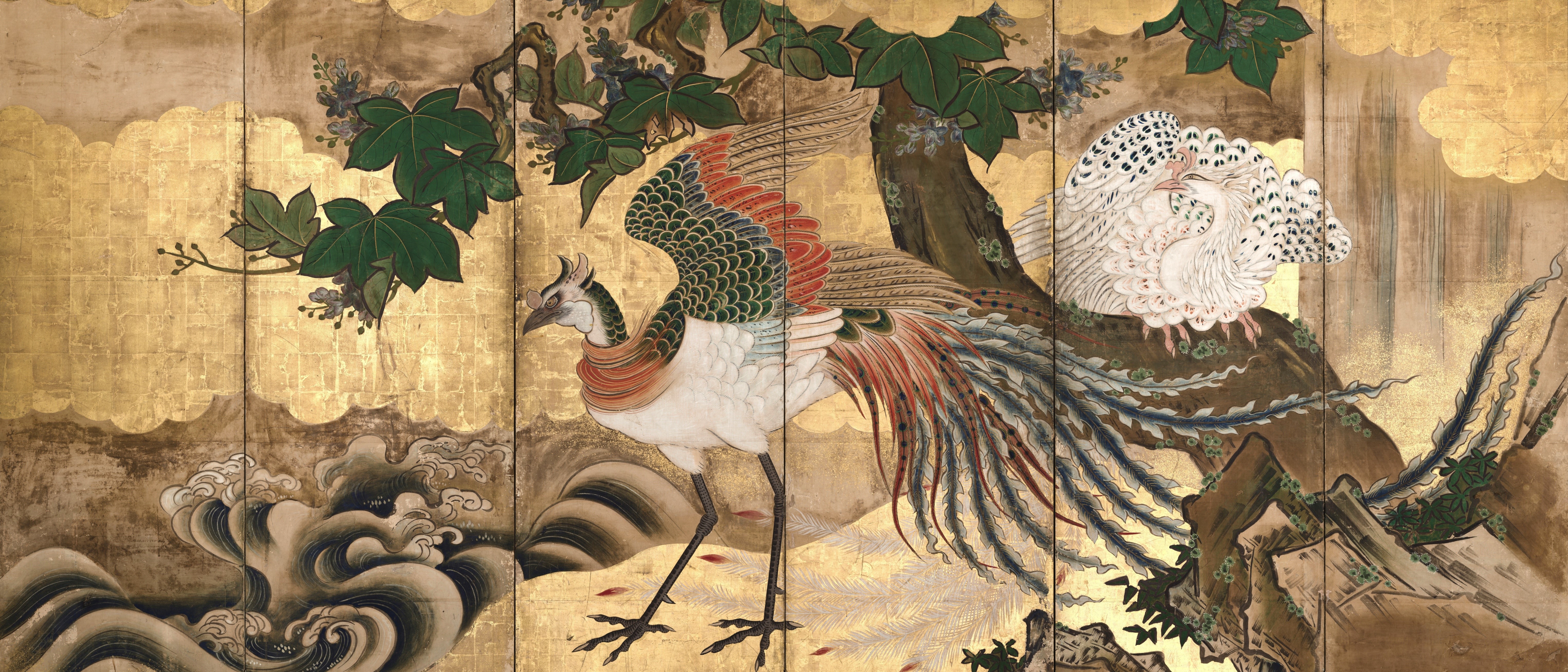 Folding screen with two peacocks and waves HD Wallpaper