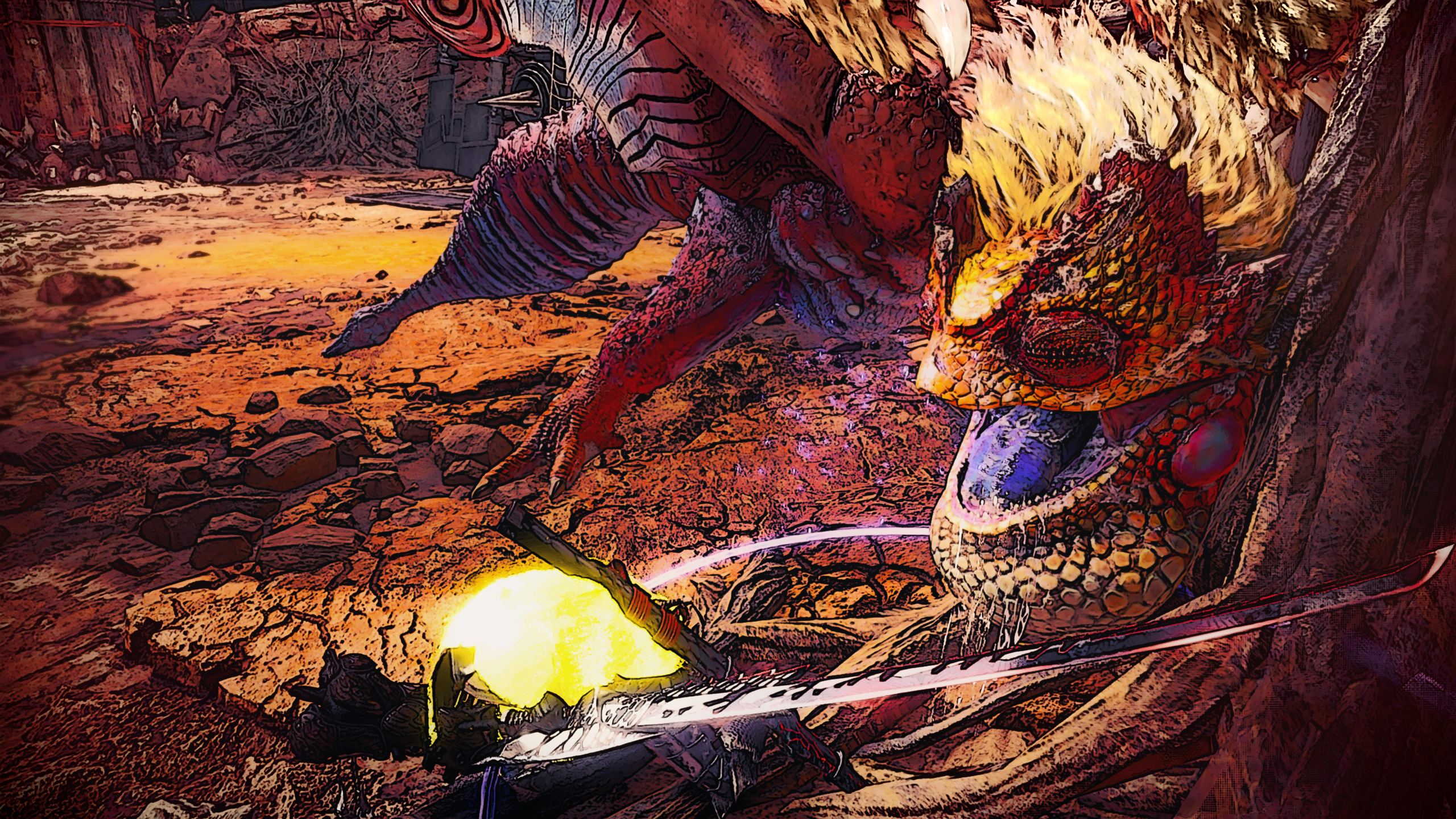 Coral Pukei-Pukei from Monster Hunter World: Iceborne with a longsword HD Wallpaper
