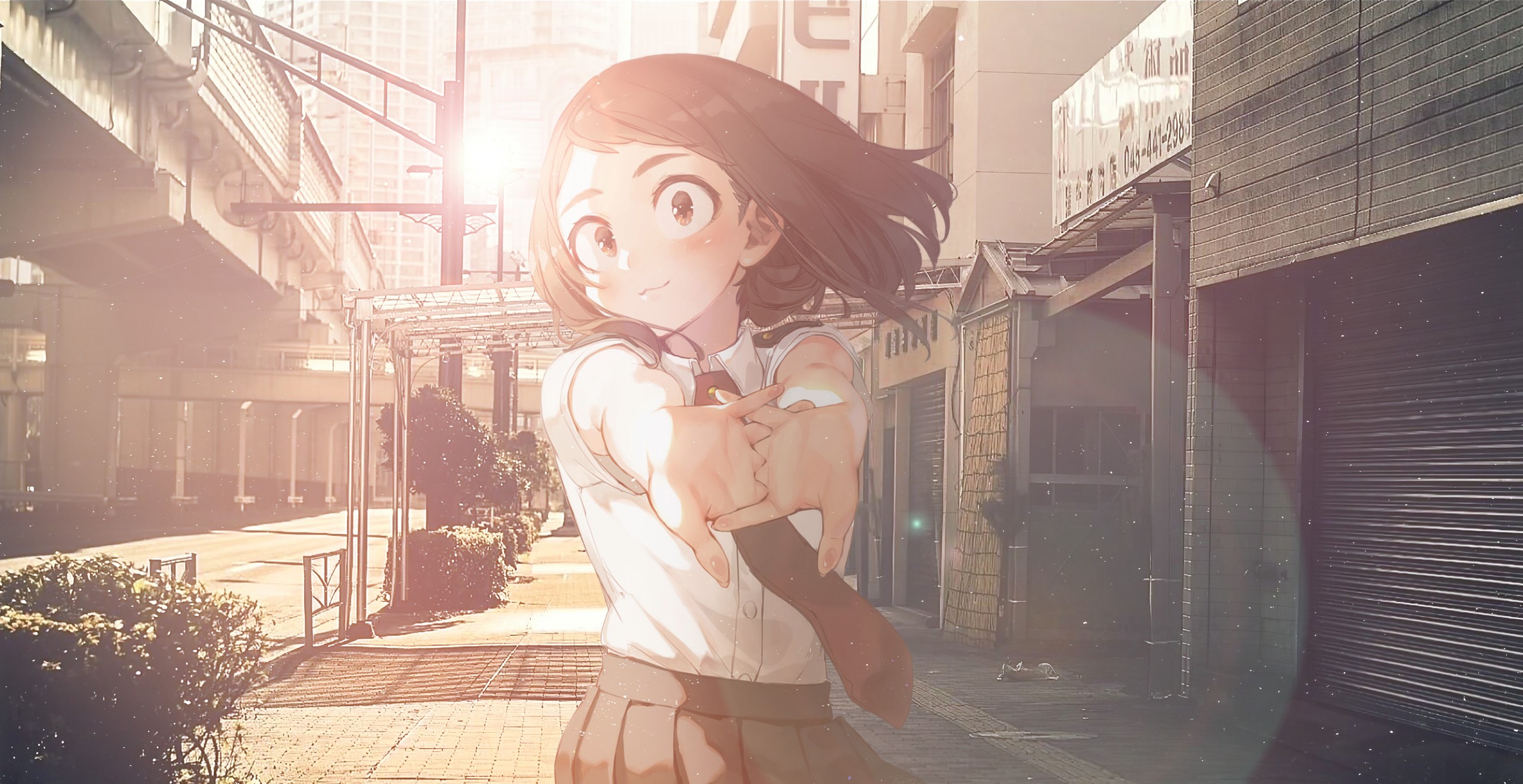 Ochako Uraraka from Boku no Hero Academia in a Japanese city street HD Wallpaper