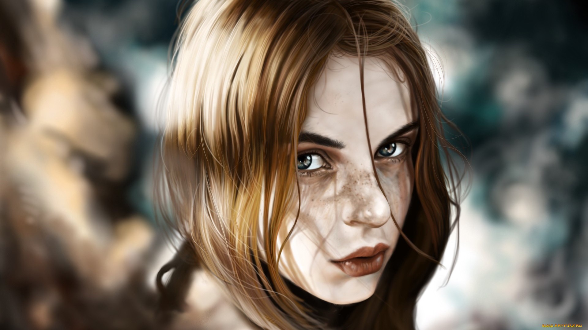 Artwork of a woman with freckles looking at the viewer HD Wallpaper