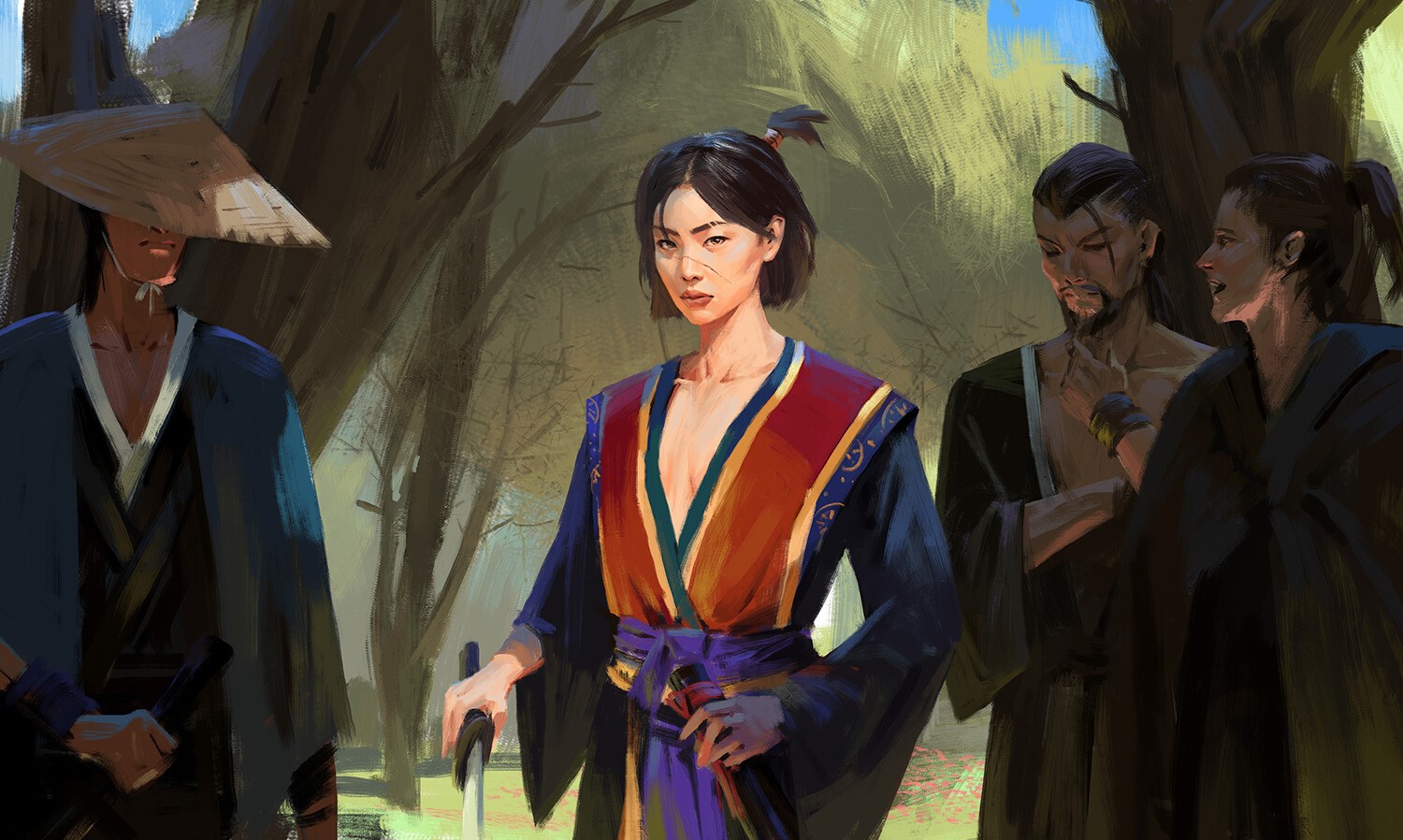Group of samurai in a forest clearing HD Wallpaper