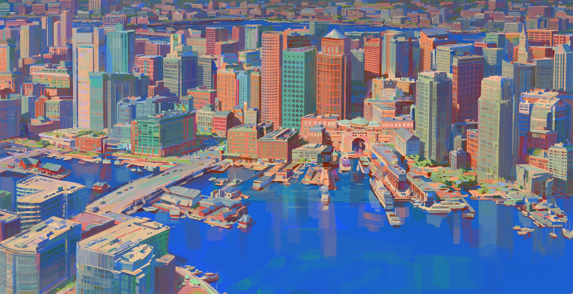 Artwork of a colorful cityscape with a harbor HD Wallpaper