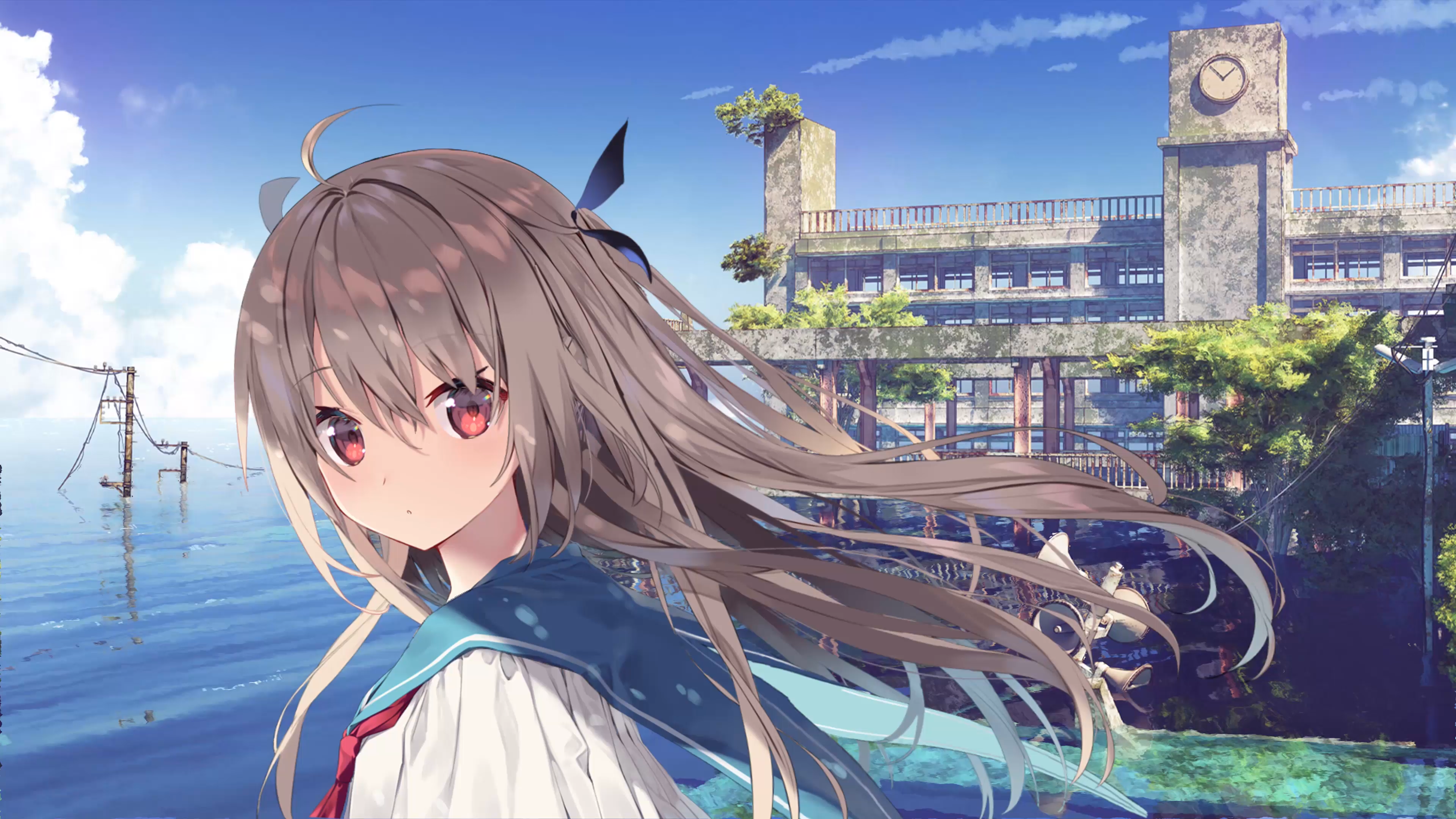 Anime girl with red eyes and grey hair in school uniform HD Wallpaper