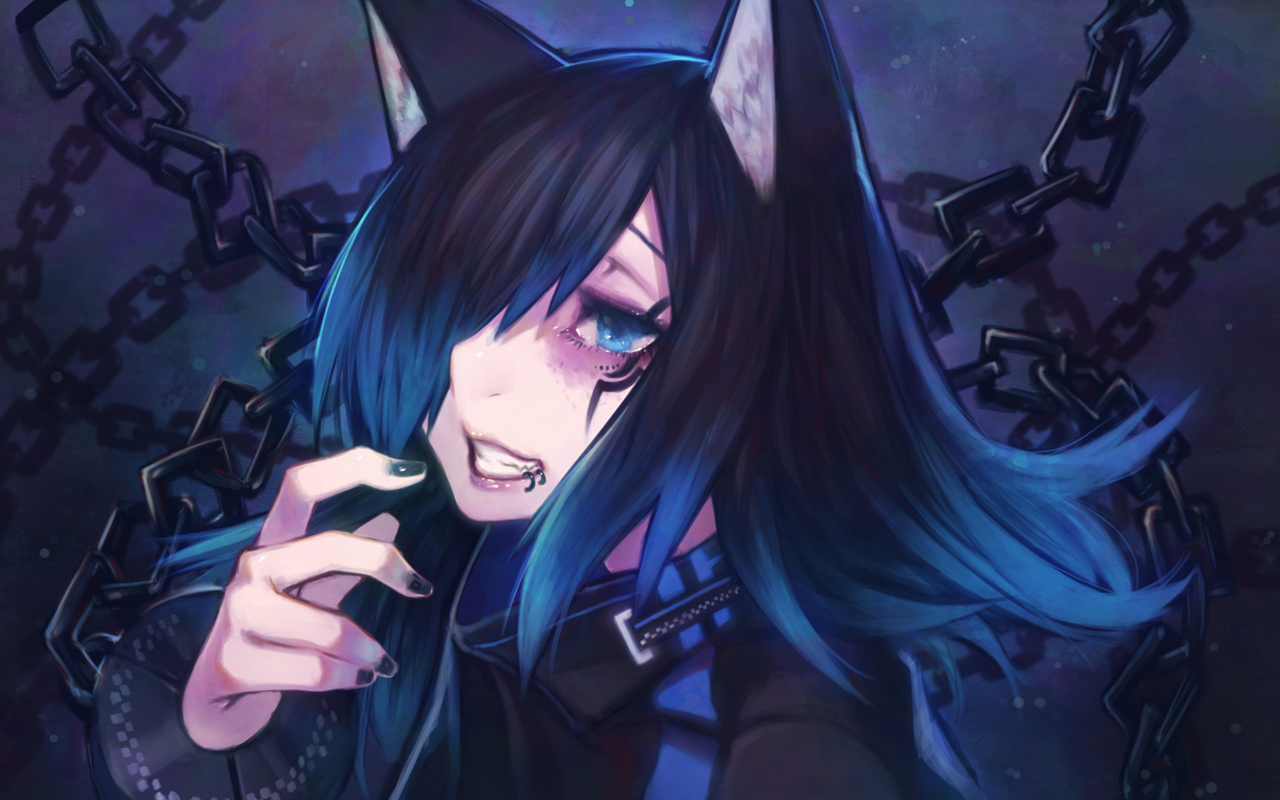 Anime girl with black and blue hair and cat ears HD Wallpaper