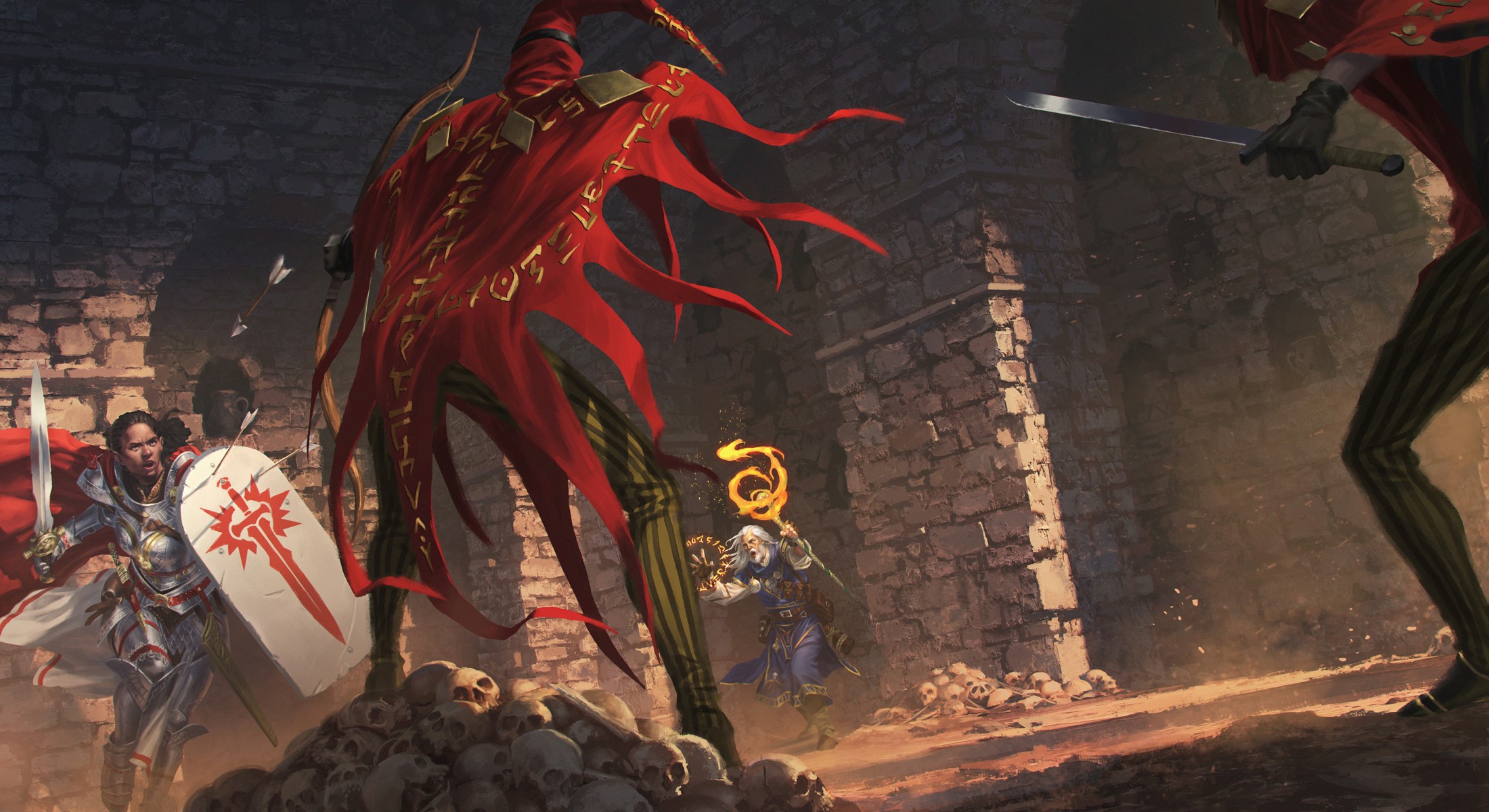 Fantasy Battle in a Dungeon with Skulls HD Wallpaper