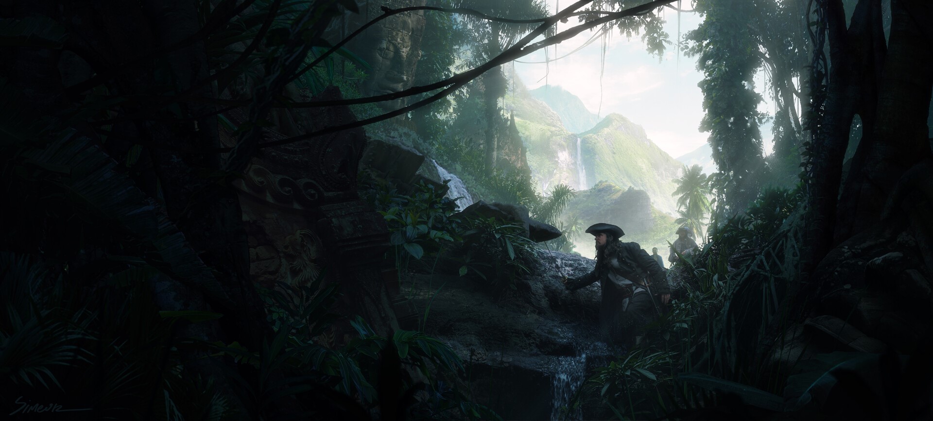 Pirates in a jungle with waterfalls and mountains HD Wallpaper