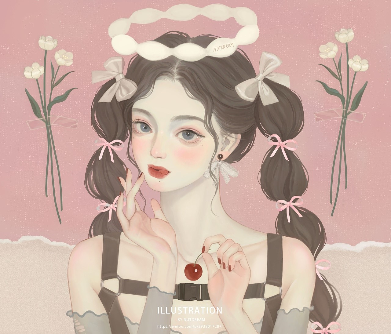 Illustration of a woman with cherries and flowers HD Wallpaper