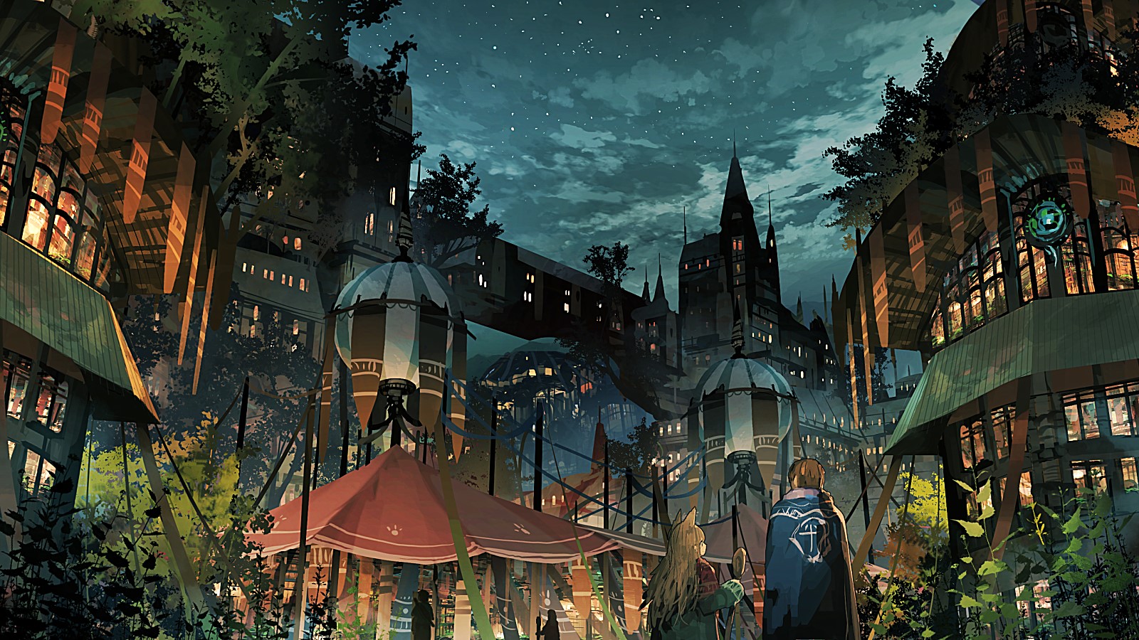 Fantasy Cityscape at Night with Two Figures HD Wallpaper
