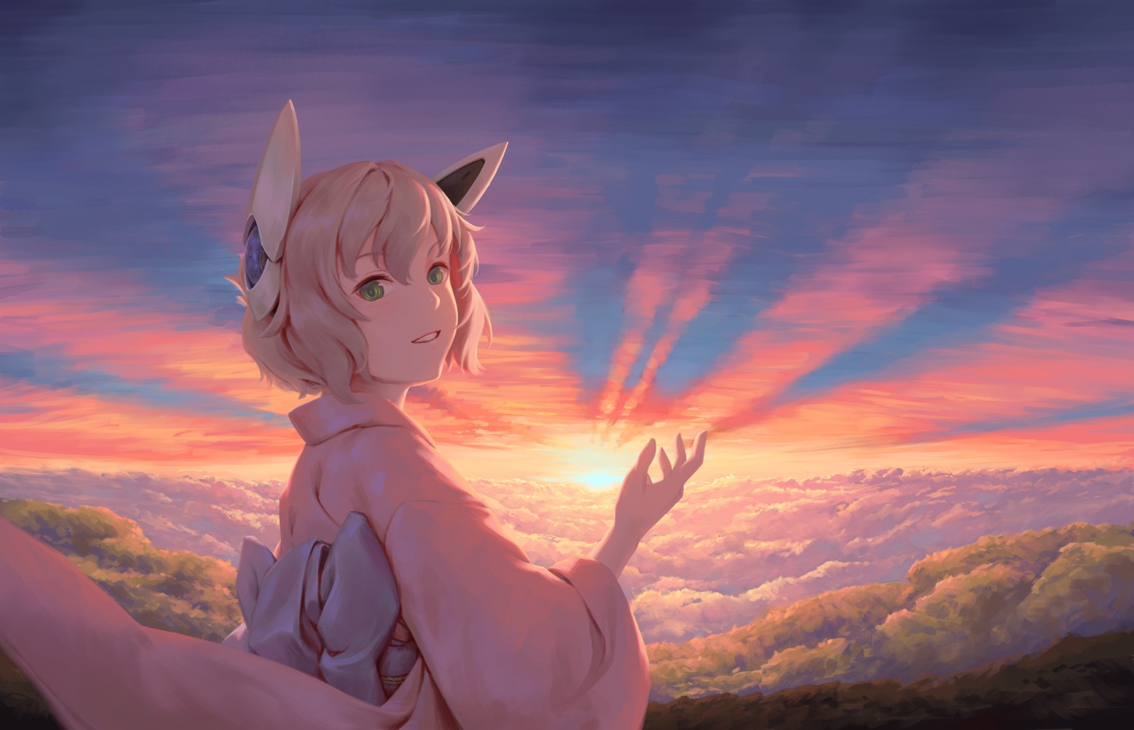 Anime girl with neko ears in kimono at sunset HD Wallpaper