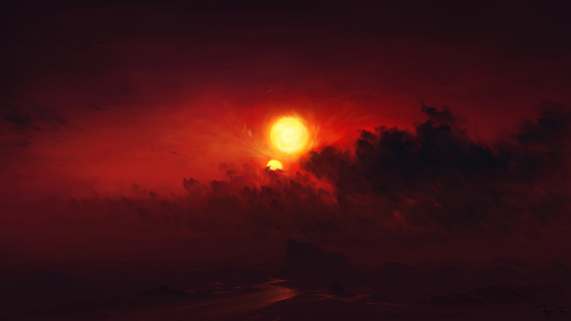 Digital art of a double sunset over a desert landscape HD Wallpaper