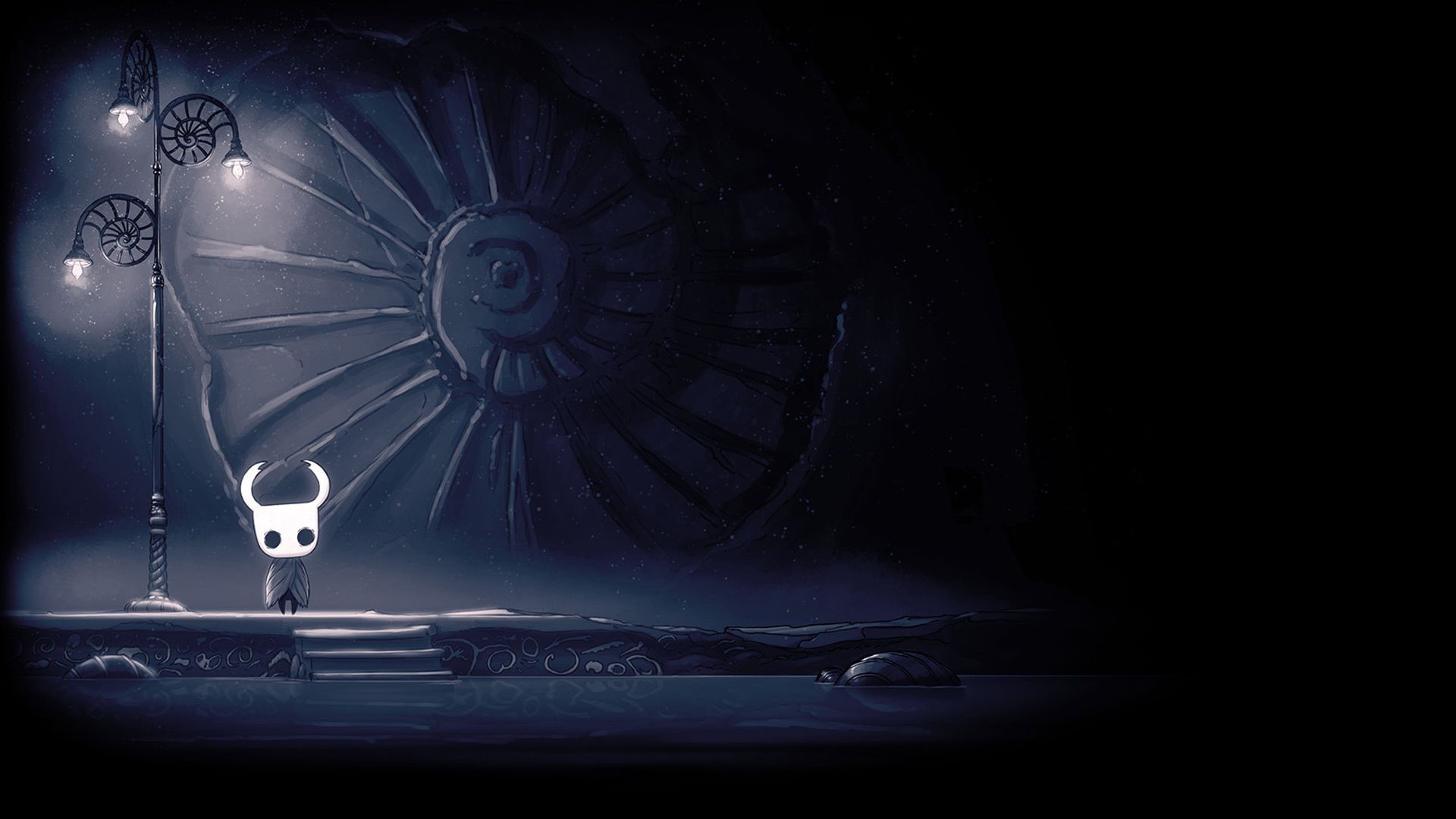 The Knight from Hollow Knight in a dark, cavernous area HD Wallpaper