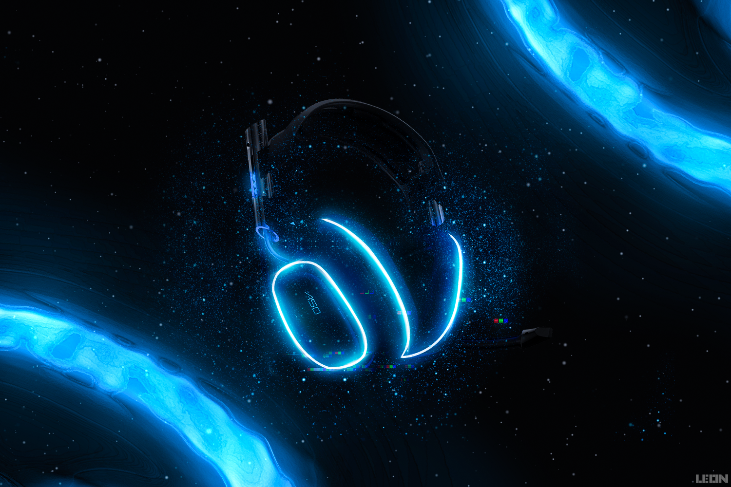 Neon headphones with blue glowing lights on a starry background HD Wallpaper