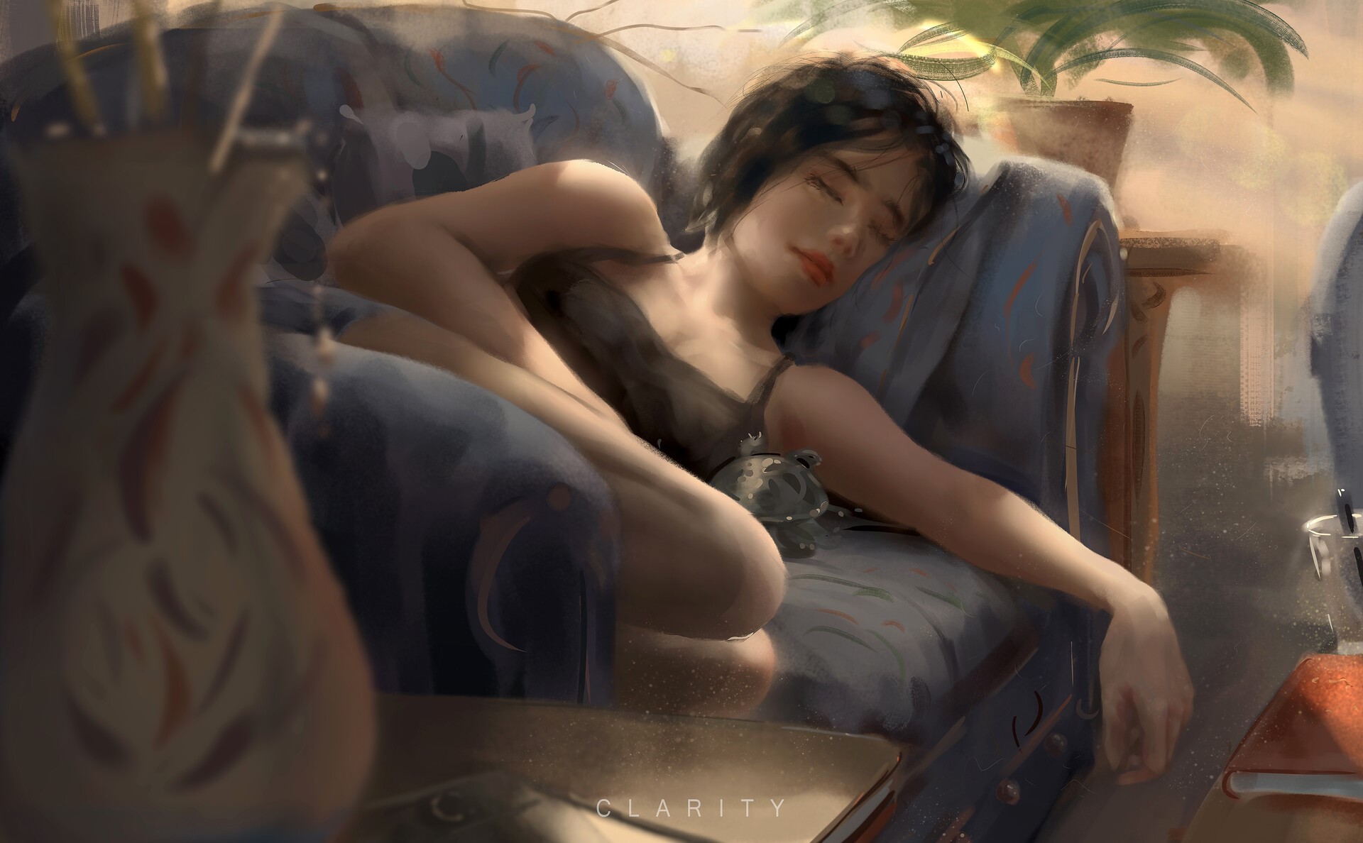 Woman sleeping on a couch with a turtle HD Wallpaper