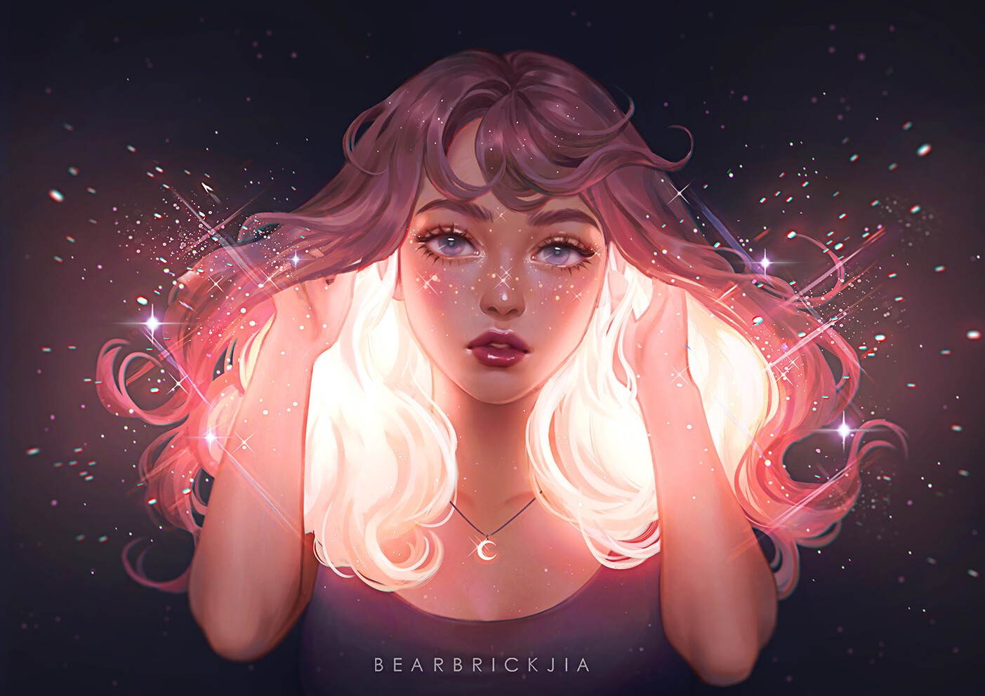 Woman with glowing pink hair and moon necklace HD Wallpaper