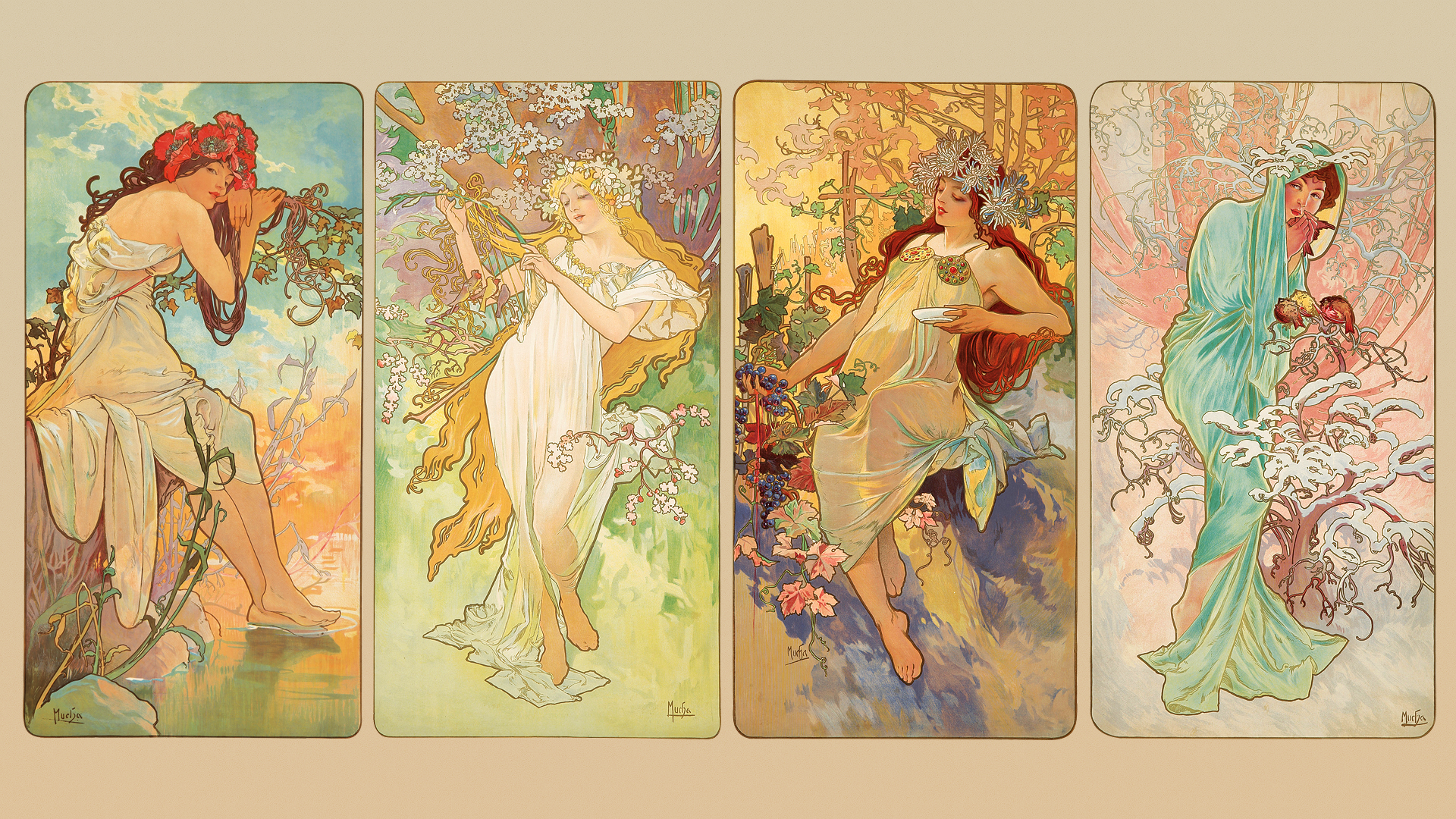 The Seasons by Alphonse Mucha HD Wallpaper