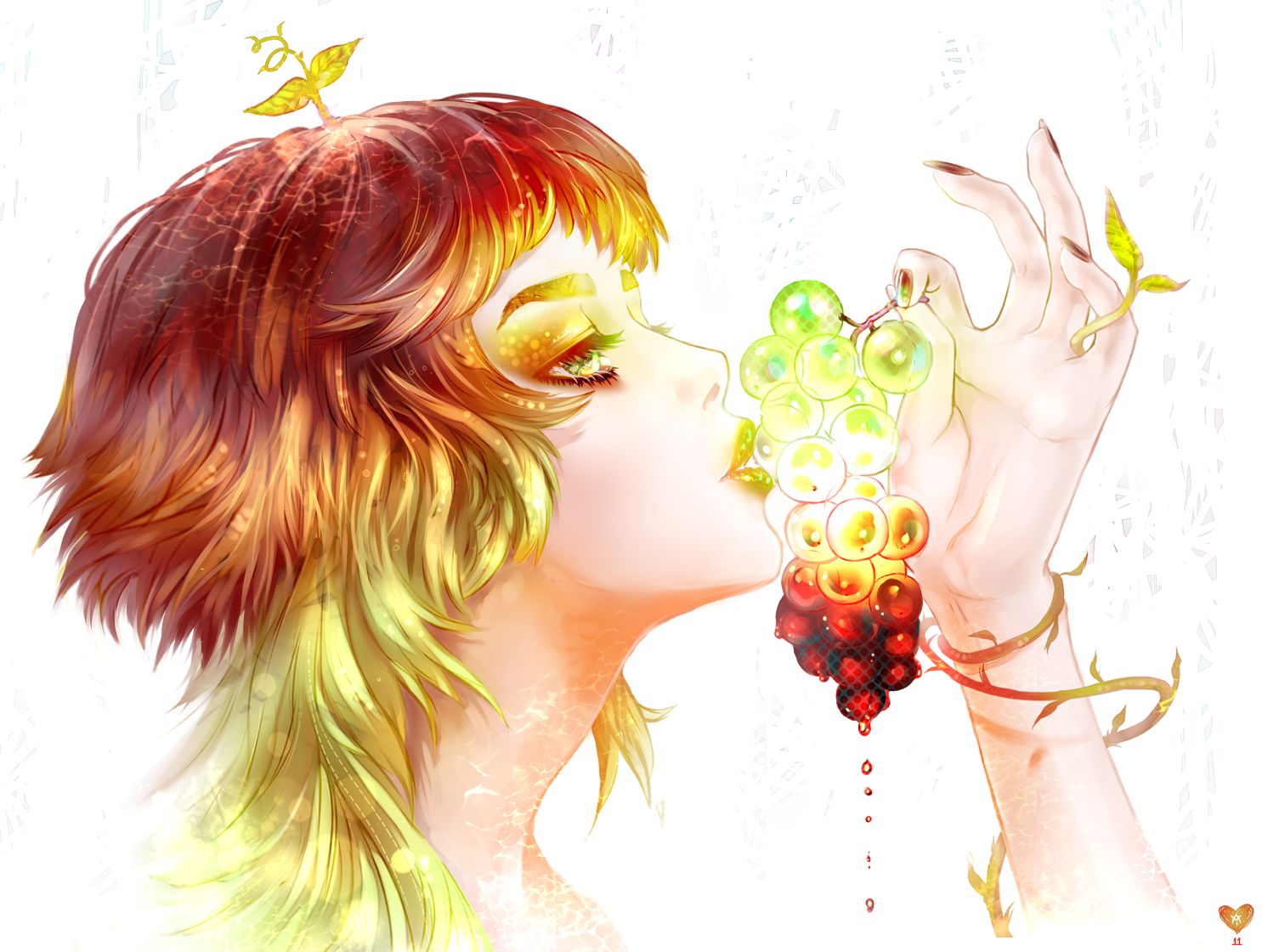Woman with plant-like hair eating grapes HD Wallpaper