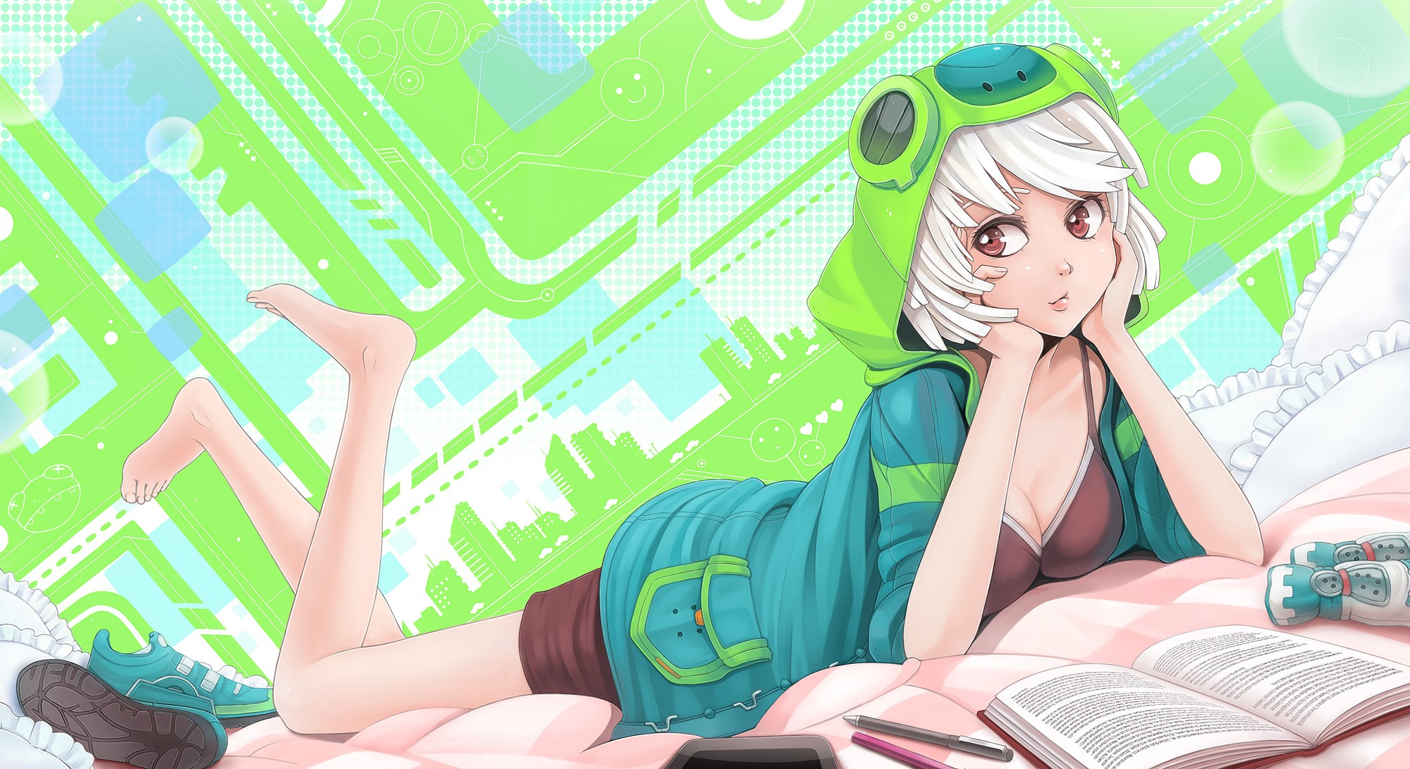 Anime girl in frog hoodie lying on bed with books HD Wallpaper