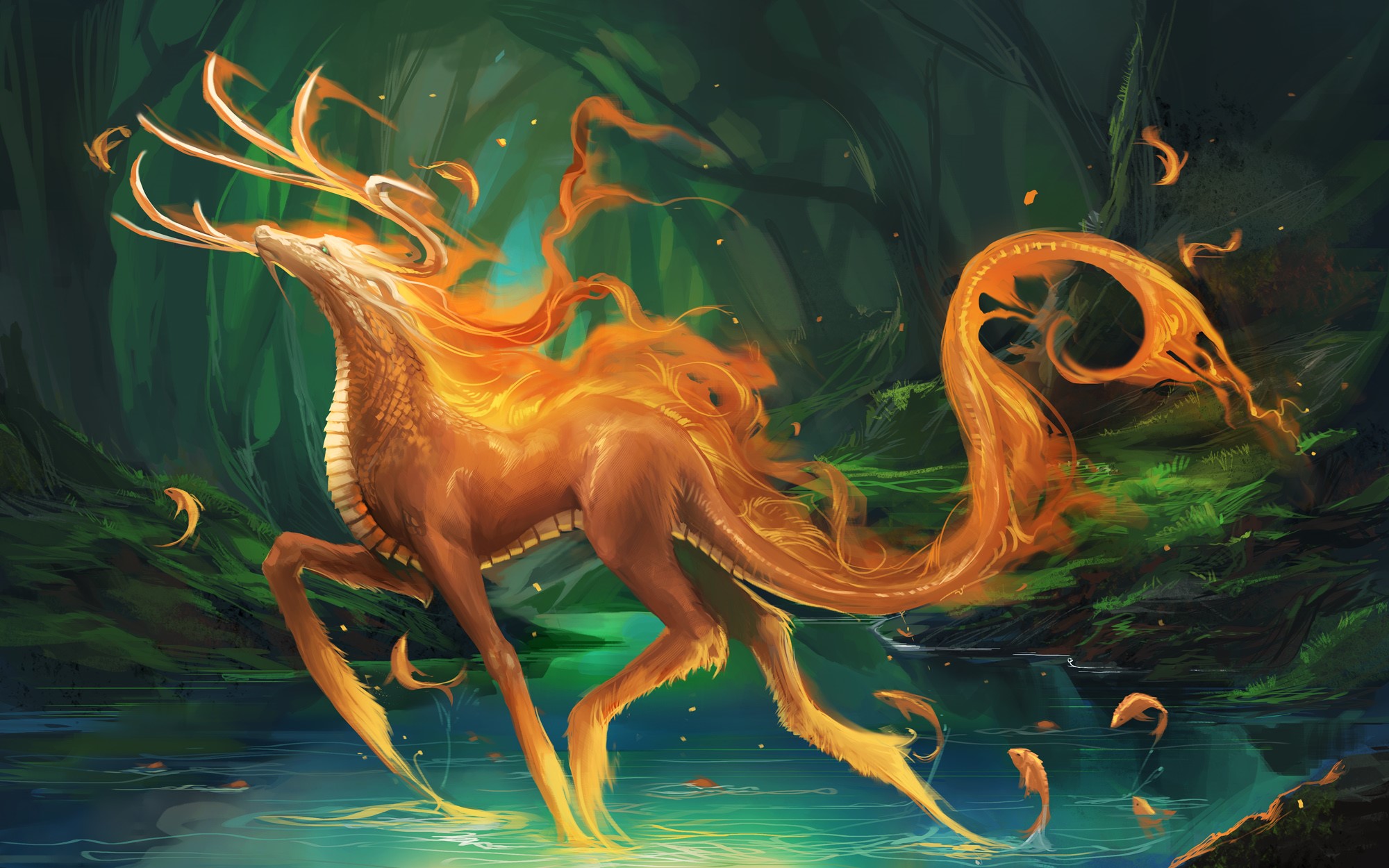Fire creature with antlers in a forest river HD Wallpaper
