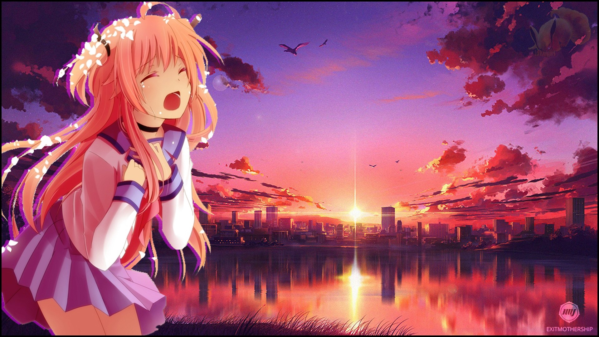 Anime girl with pink hair crying at sunset over city HD Wallpaper