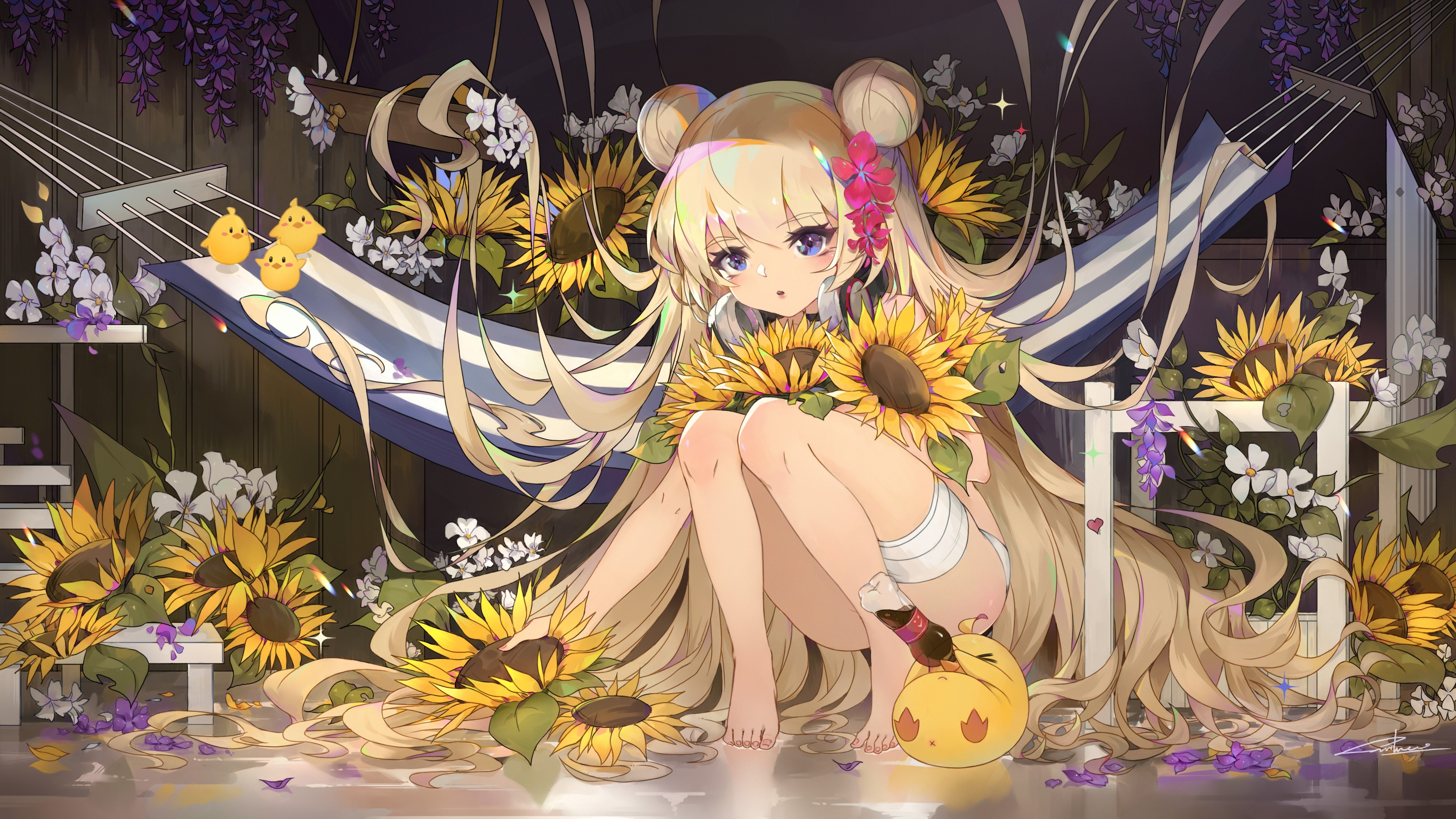 Le Malin from Azur Lane with sunflowers and chicks HD Wallpaper