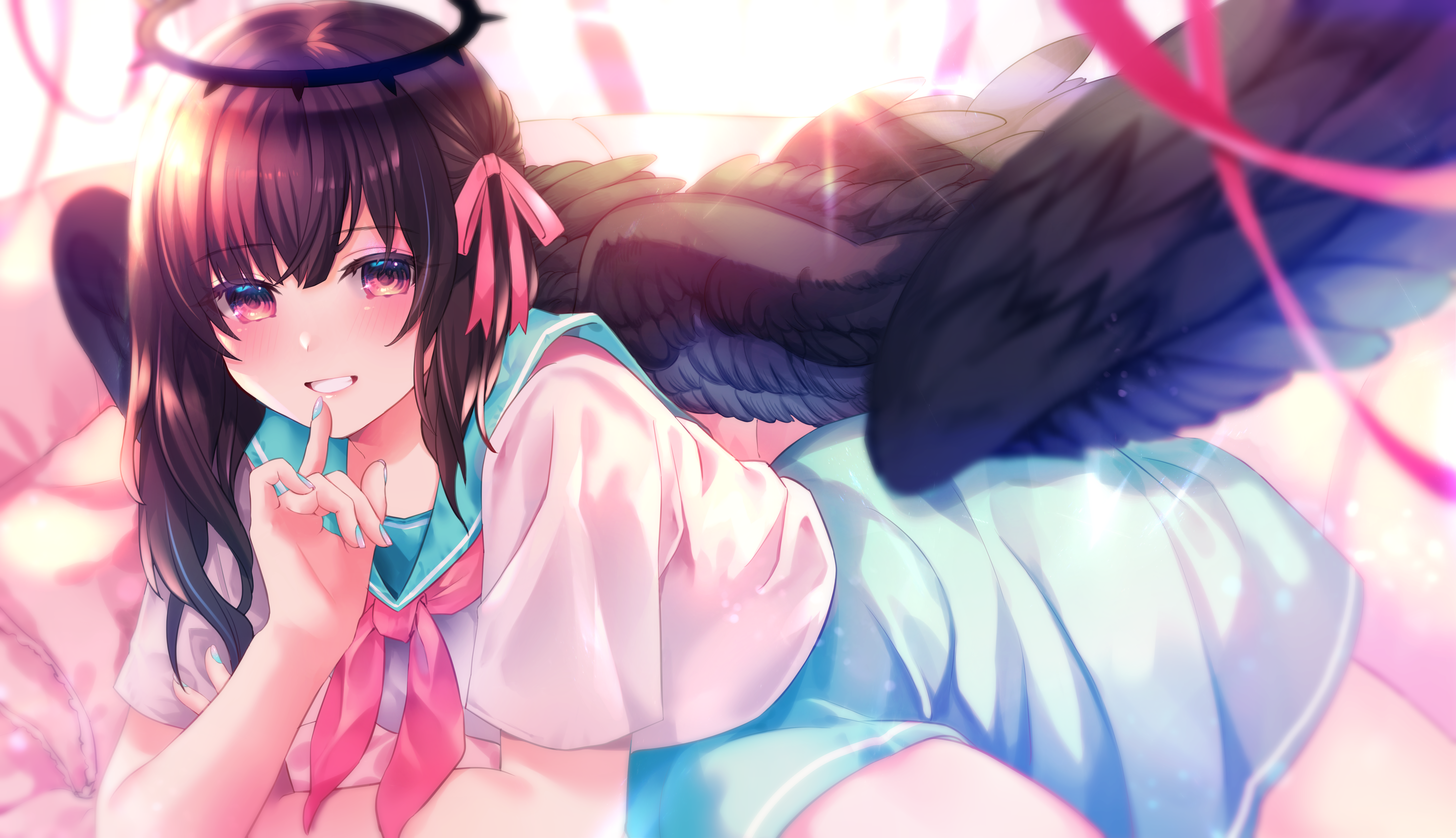 4K Anime Girl with Black Angel Wings HD Wallpaper